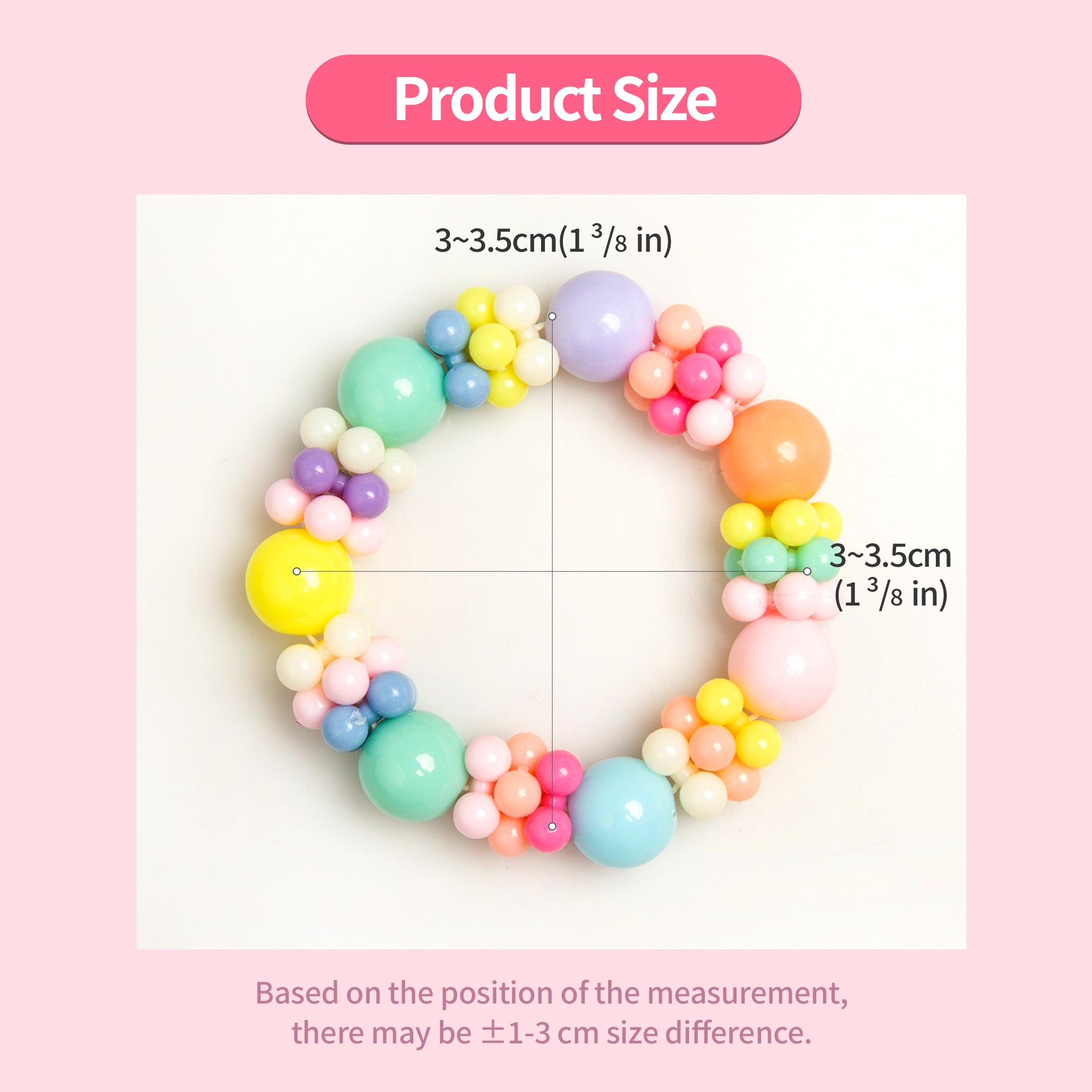 Colorful beaded bracelet on a white background, with size measurements.