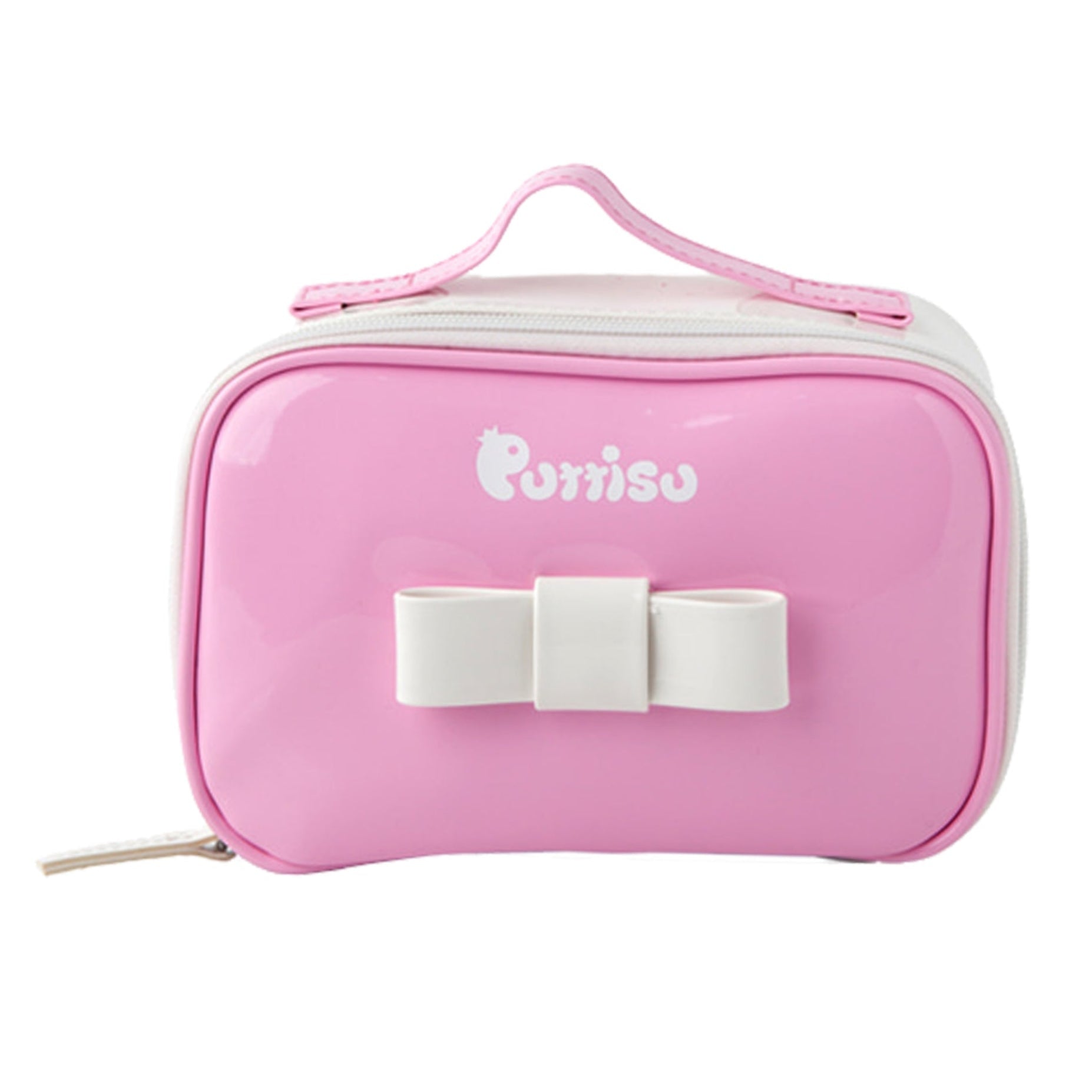 Pink cosmetic bag with a white bow and handle.