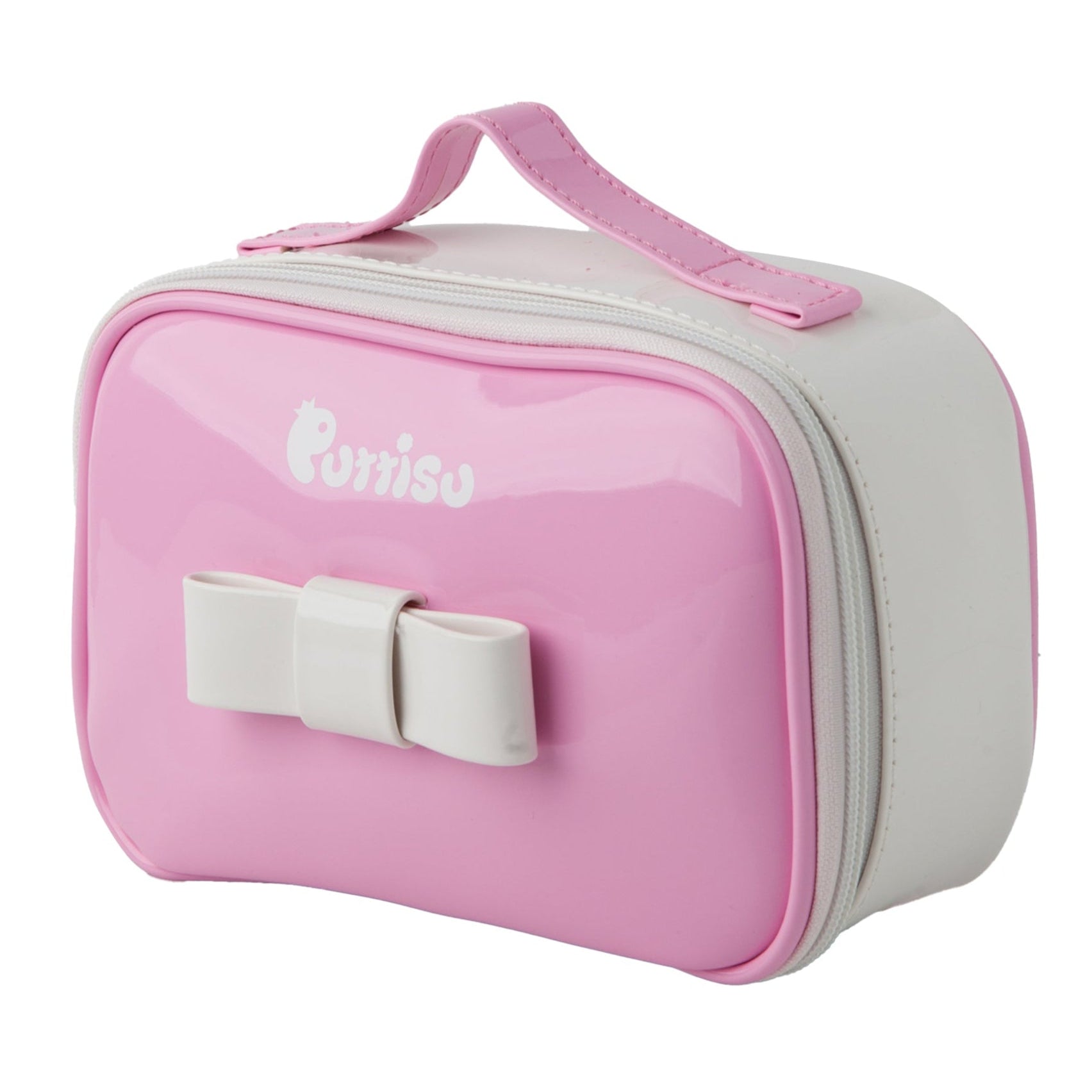 Pink and white cosmetic bag with bow and handle.