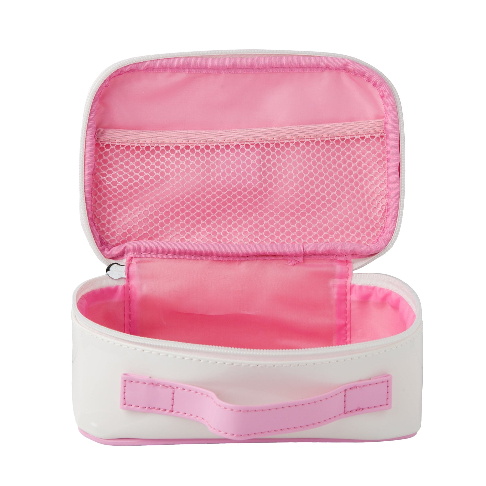 Puttisu beauty girl pouch Open, white and pink makeup bag.