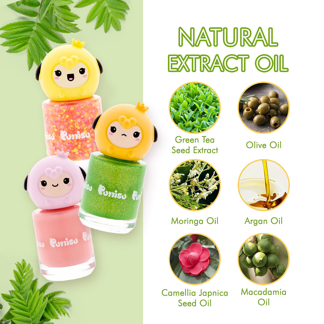 Three bottles of colorful nail polish with animal-shaped caps, and images of natural ingredients used in the product.