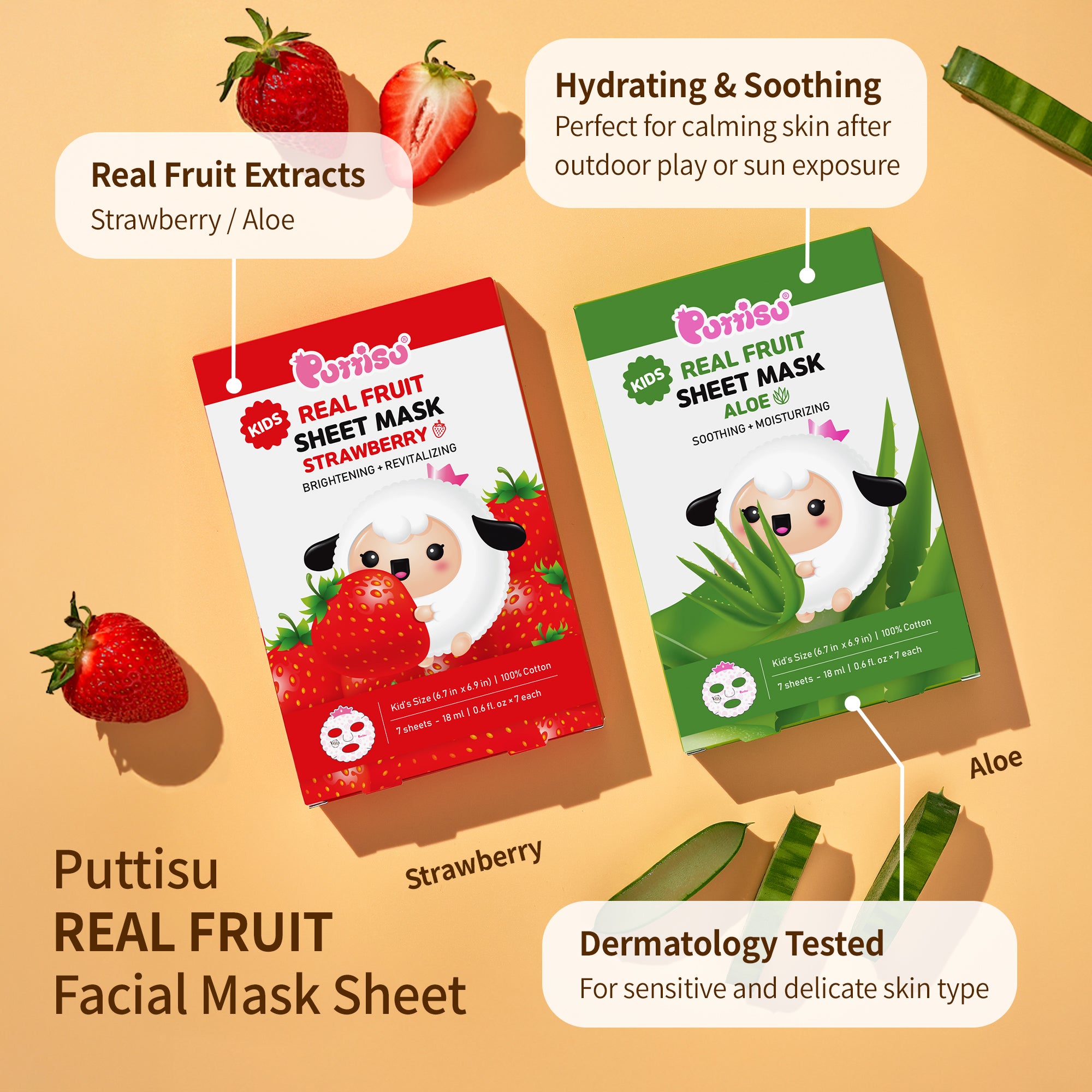 Two Puttisu real fruit sheet masks, one strawberry and one aloe, on a beige background with fruit and aloe vera illustrations.
