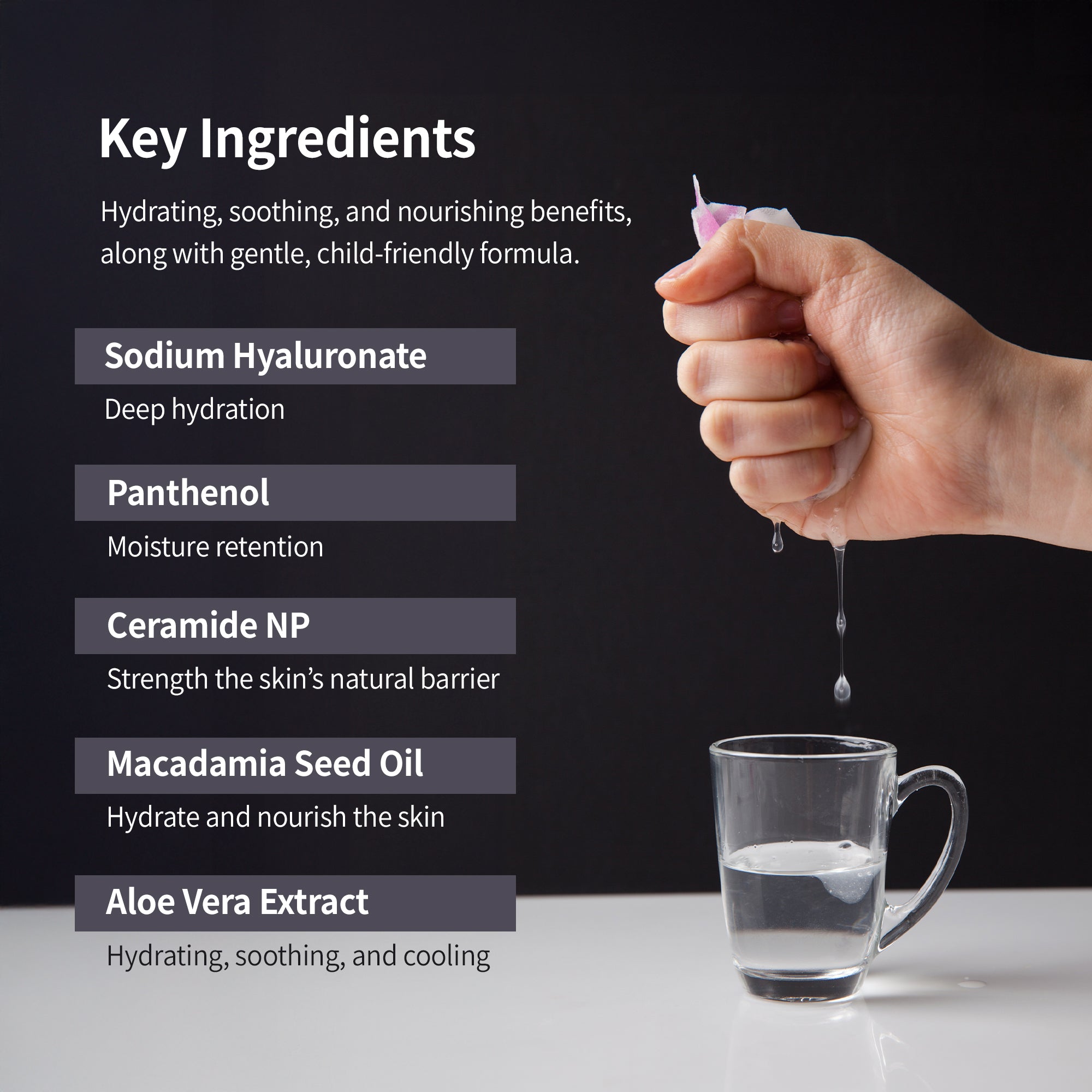 Close-up shot of key ingredient highlights alongside a hand squeezing liquid into a cup.