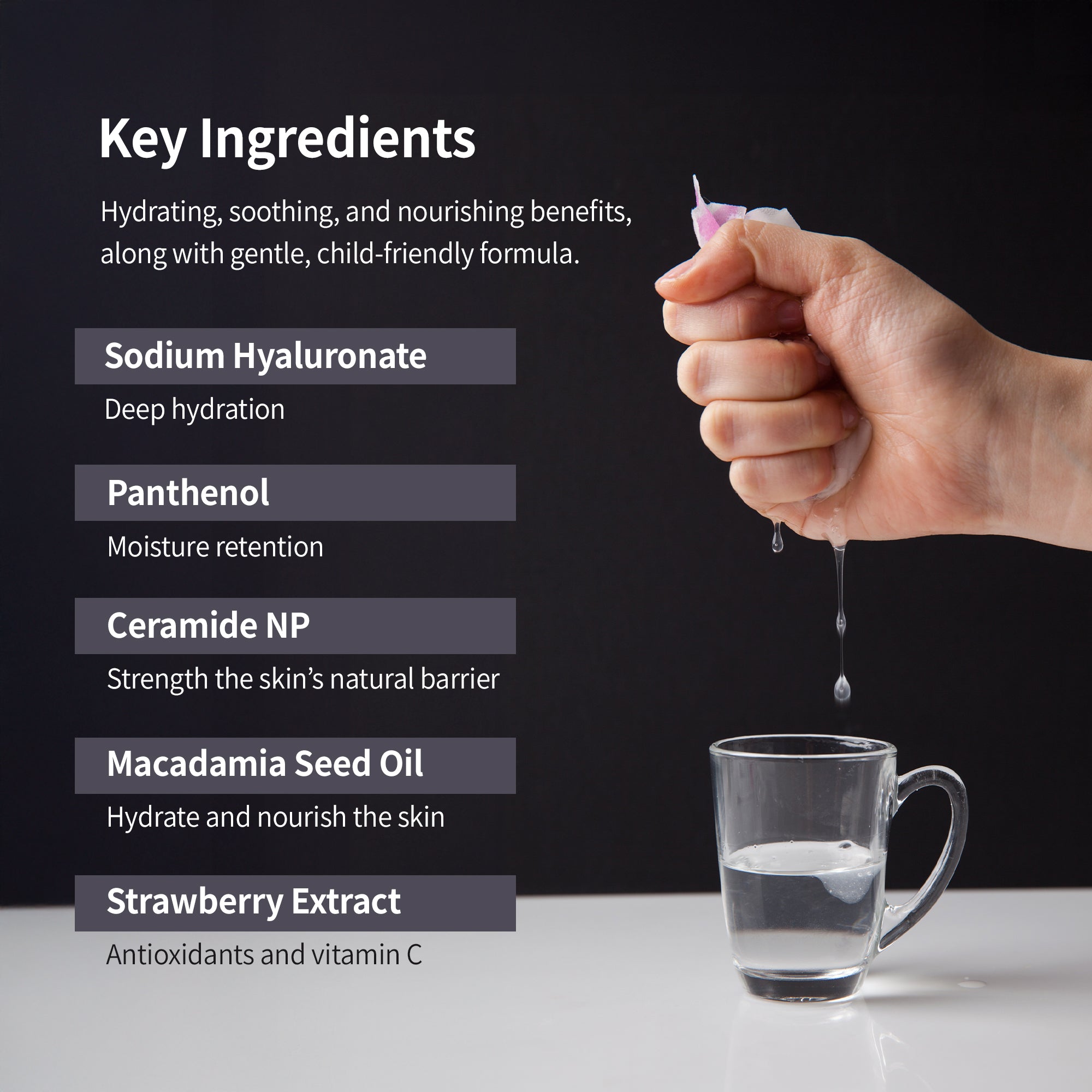 Product image showcasing key ingredients in a hydrating formula. A hand squeezes a substance, dripping into a glass of liquid.