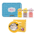 Cosmetic set with blue tin box, nail polish bottles with character tops, and sun cushion compact and box.