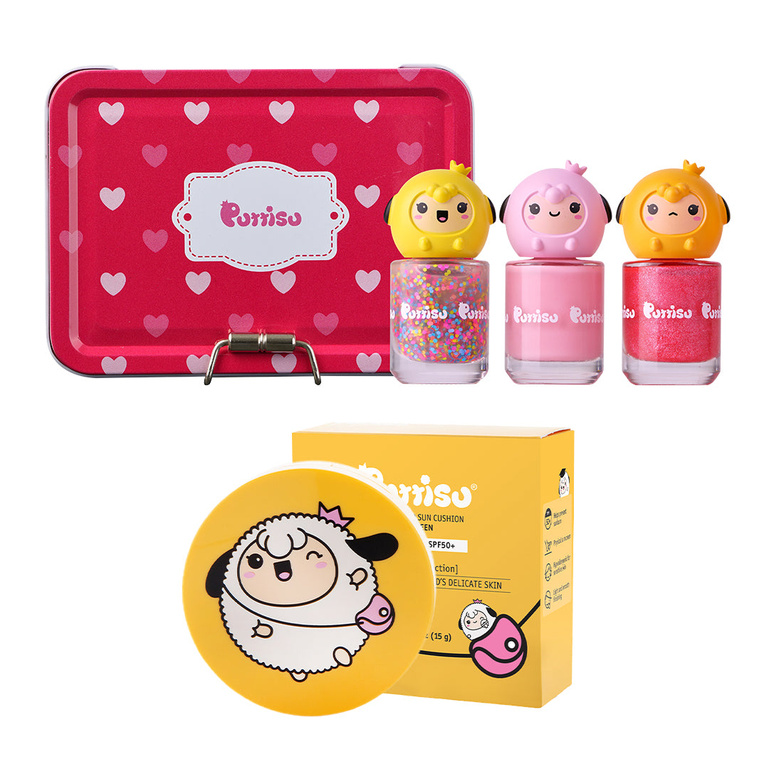 A pink tin box with hearts, three bottles of colorful nail polish with character toppers, and a yellow box with a lamb cartoon and a round case.