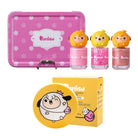 Cosmetic products including a pink metal box, nail polish with cartoon character caps, and a yellow sun cushion compact and box.