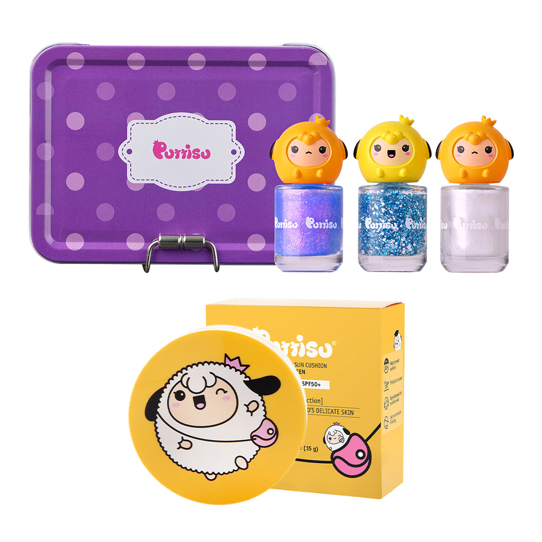 Cosmetics set with purple tin, nail polish bottles with animal tops, and a yellow compact case and box with a sheep cartoon.