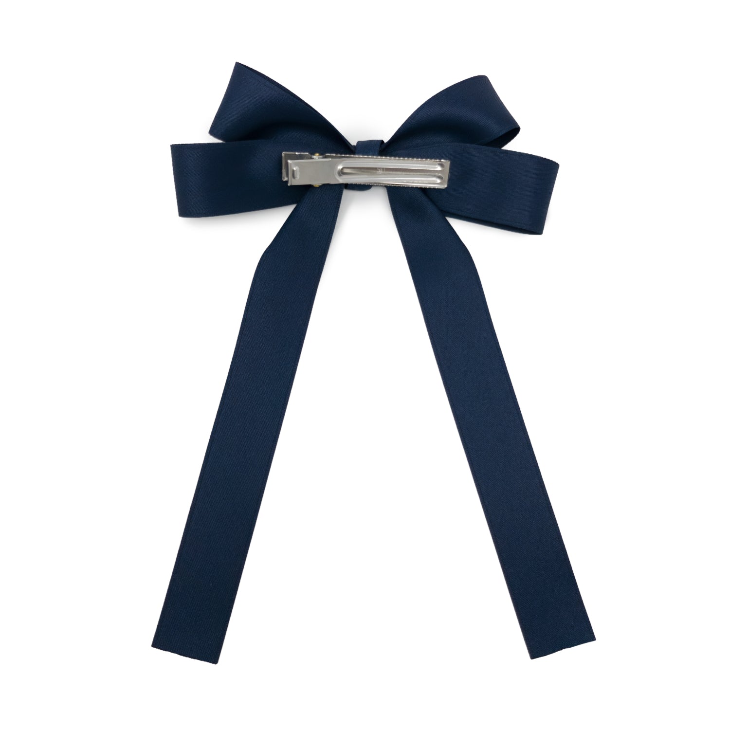 Navy blue bow hair clip on a white background