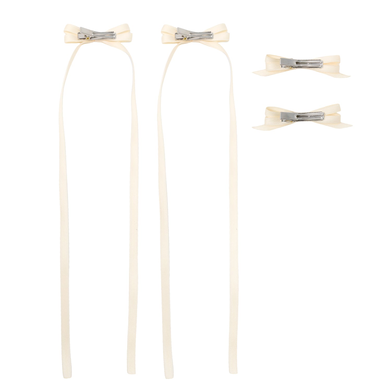 Ivory ribbon bow clip set featuring two with long trailing ribbons and two smaller bows, all with silver alligator clips.