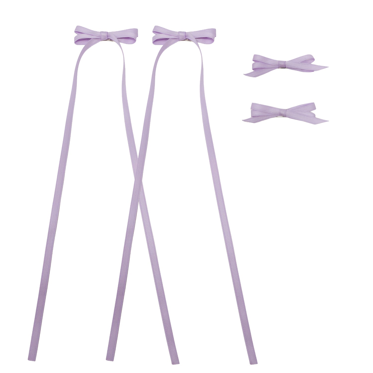 Four-piece lavender ribbon bow clip set with two long trailing ribbons and two smaller bows.