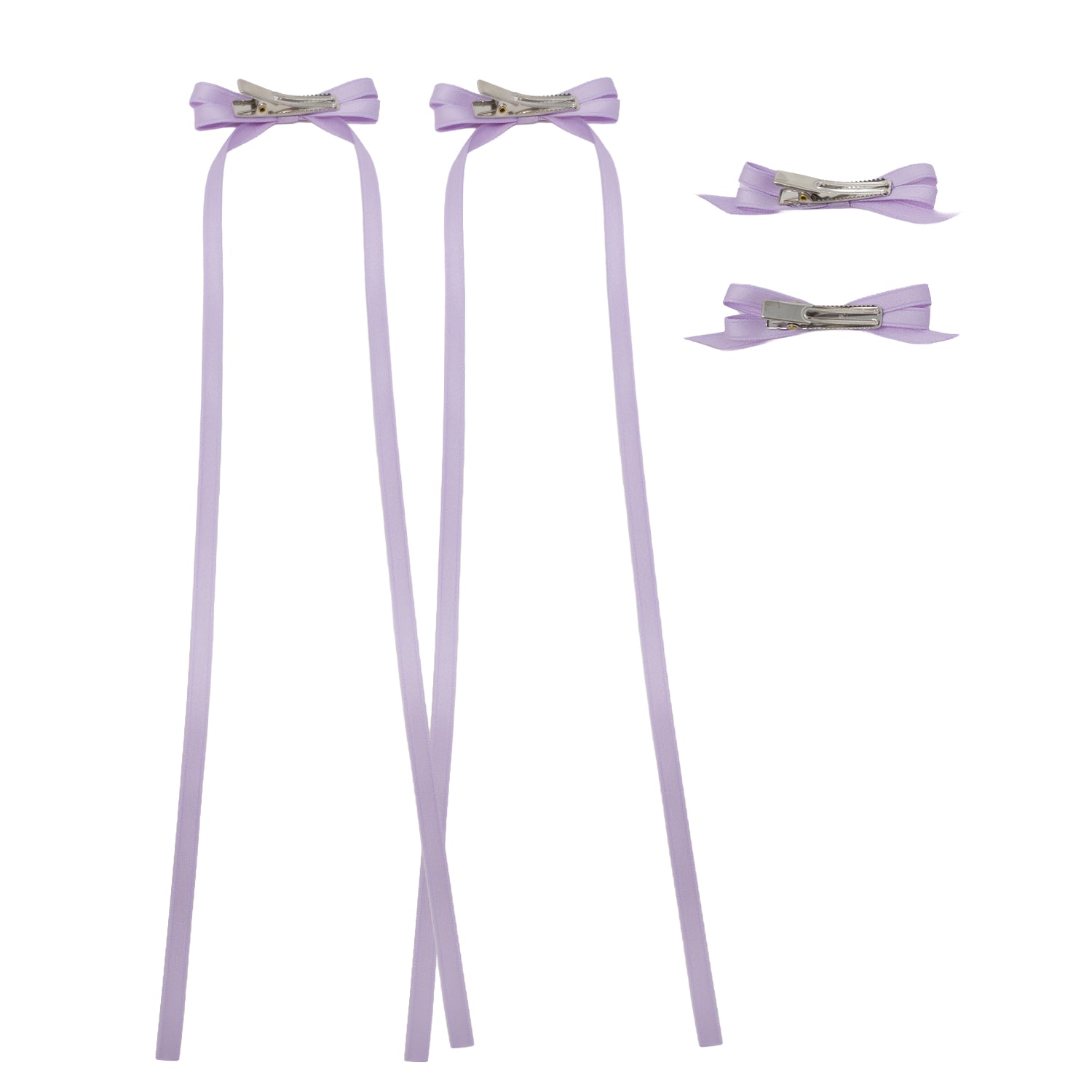 Light purple ribbon bow clip set featuring two clips with long ribbons and two smaller bow clips, all with silver alligator clips.