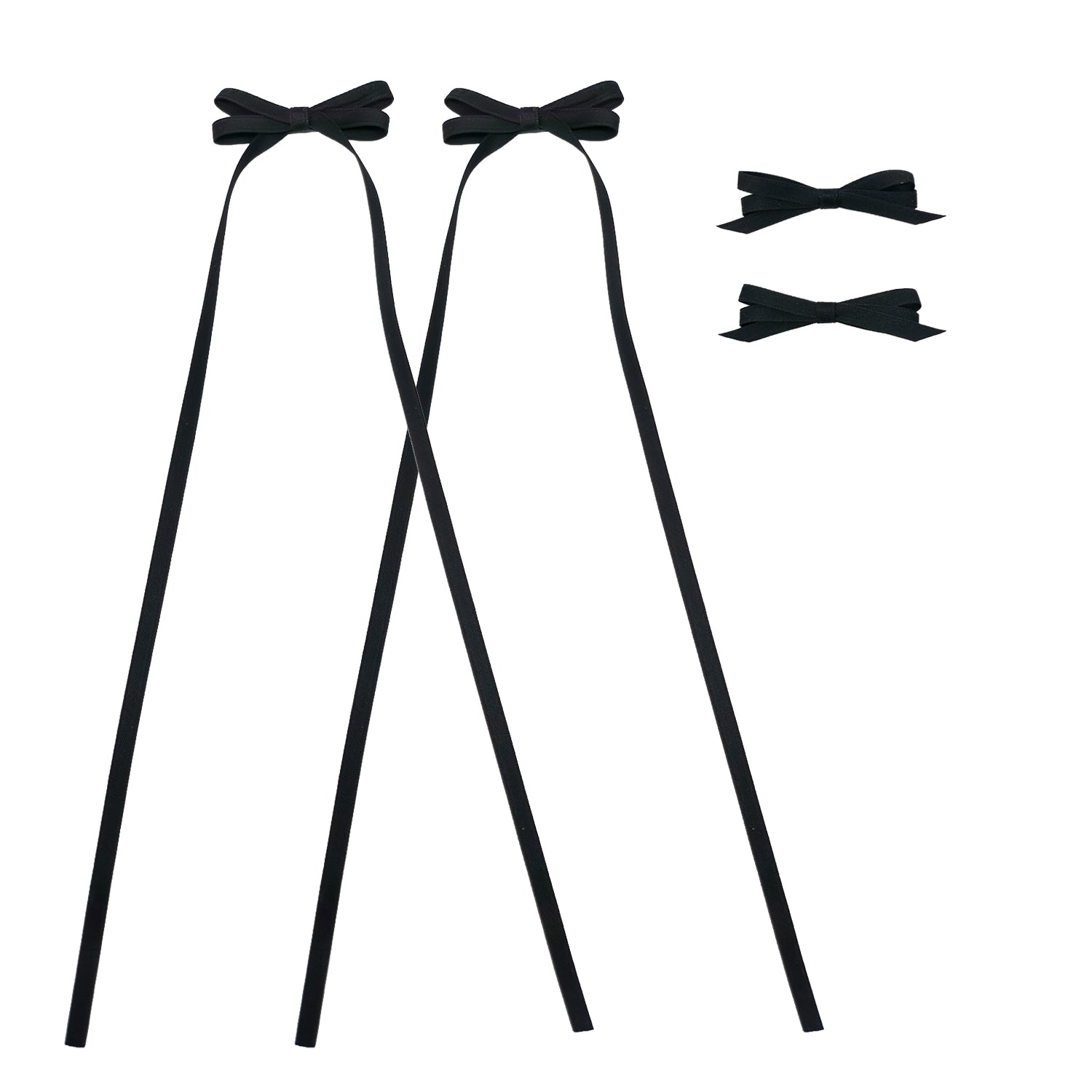Four black ribbon bow clips, two with long tails, and two smaller standalone, displayed on a white background.