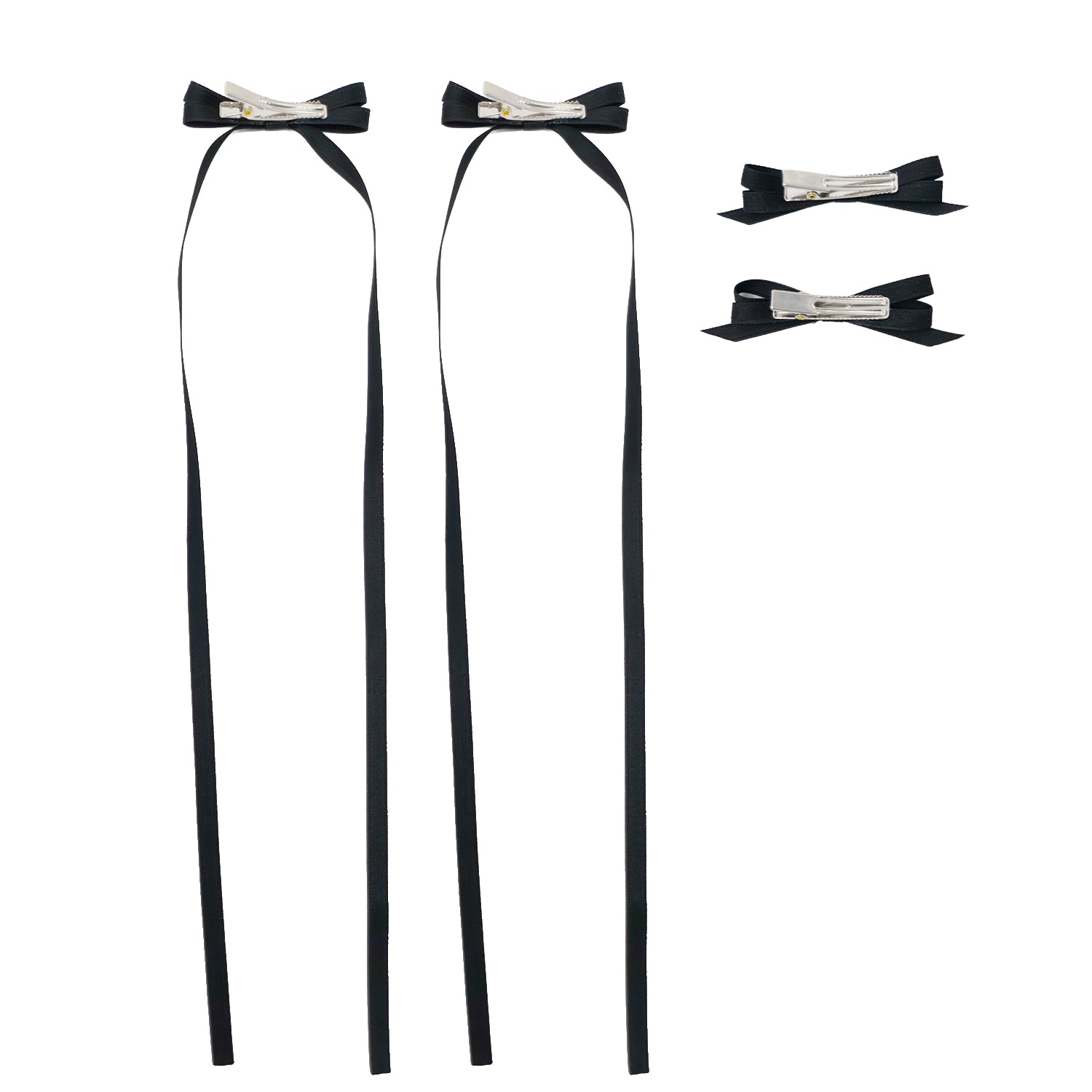 Four black ribbon bow clip set with silver alligator clips, two featuring long trailing ribbons.