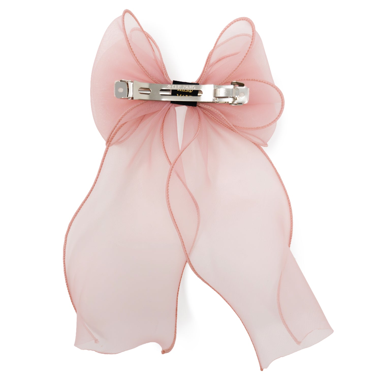 Large organza bow clip in pale pink with a silver barrette embossed with 'CLIP PARIS', back view.