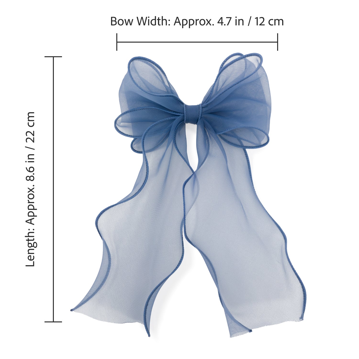 Blue organza large bow clip, sheer with long wavy tails, measuring approx. 8.6 in / 22 cm long and 4.7 in / 12 cm wide.