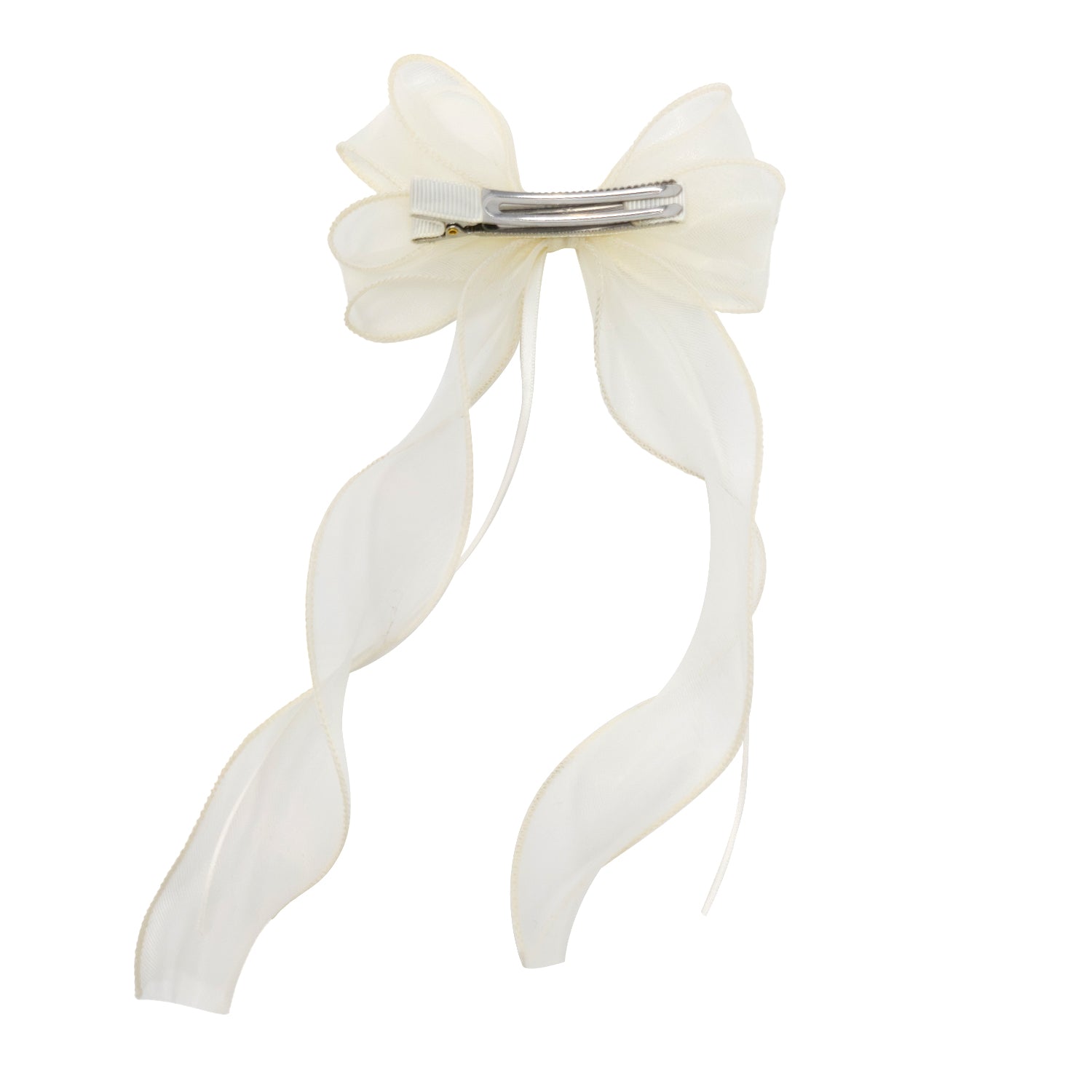 Cream organza double ribbon clip, showing the silver alligator hair clip from the back and two long, flowing ribbon tails.