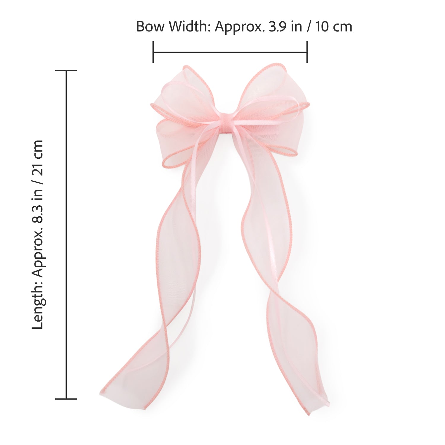 Pink sheer organza double ribbon clip, tied as a bow with long flowing tails, measuring approximately 3.9 inches wide and 8.3 inches long.