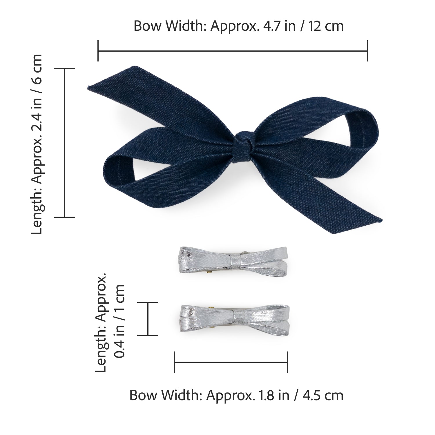 A three-piece bow clip set, featuring one large light denim bow and two smaller silver metallic bows, displayed with measurements.