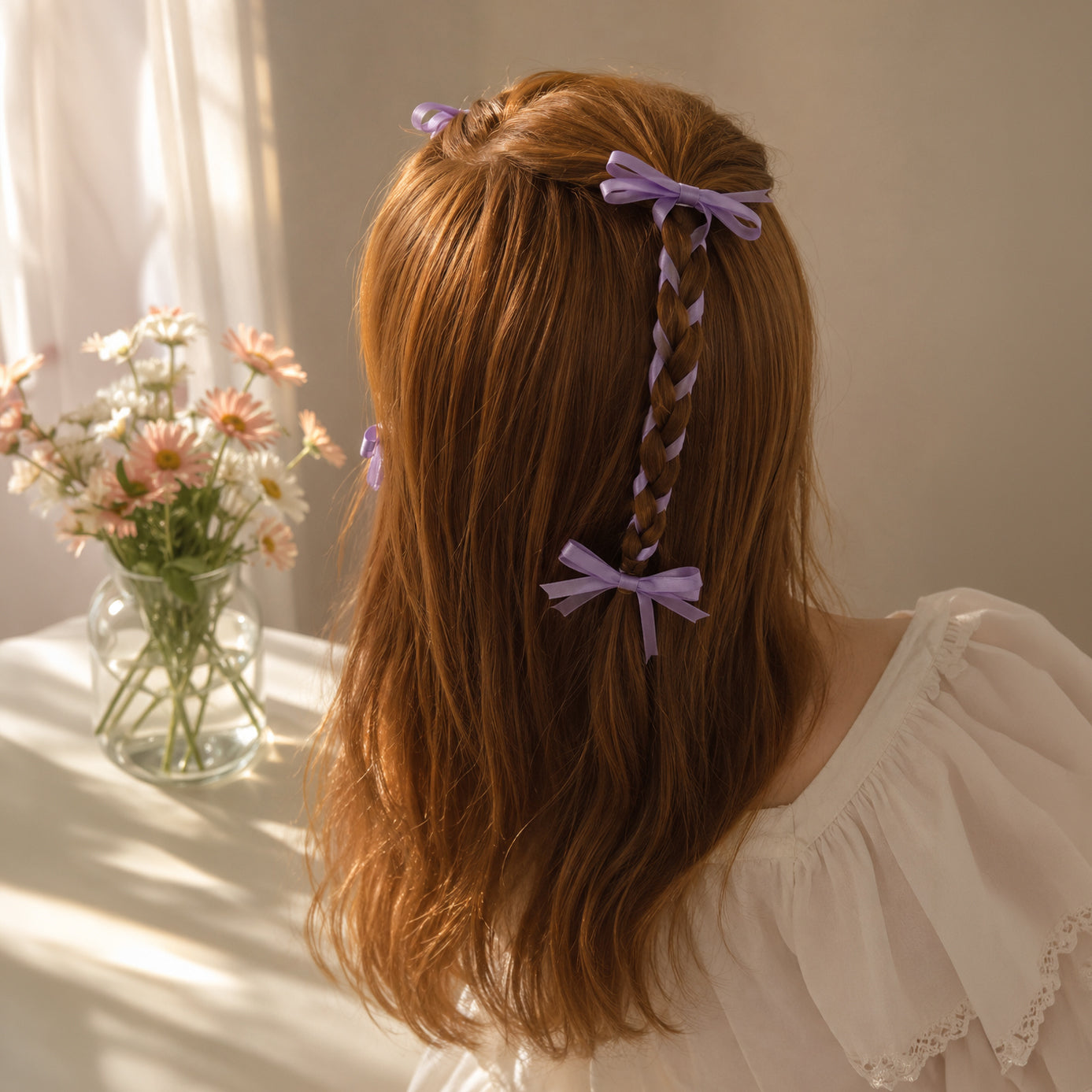 Lavender ribbon bow clip set styled in auburn hair, featuring a braided section and multiple loose bows, from a back view, worn with a white ruffled blouse.