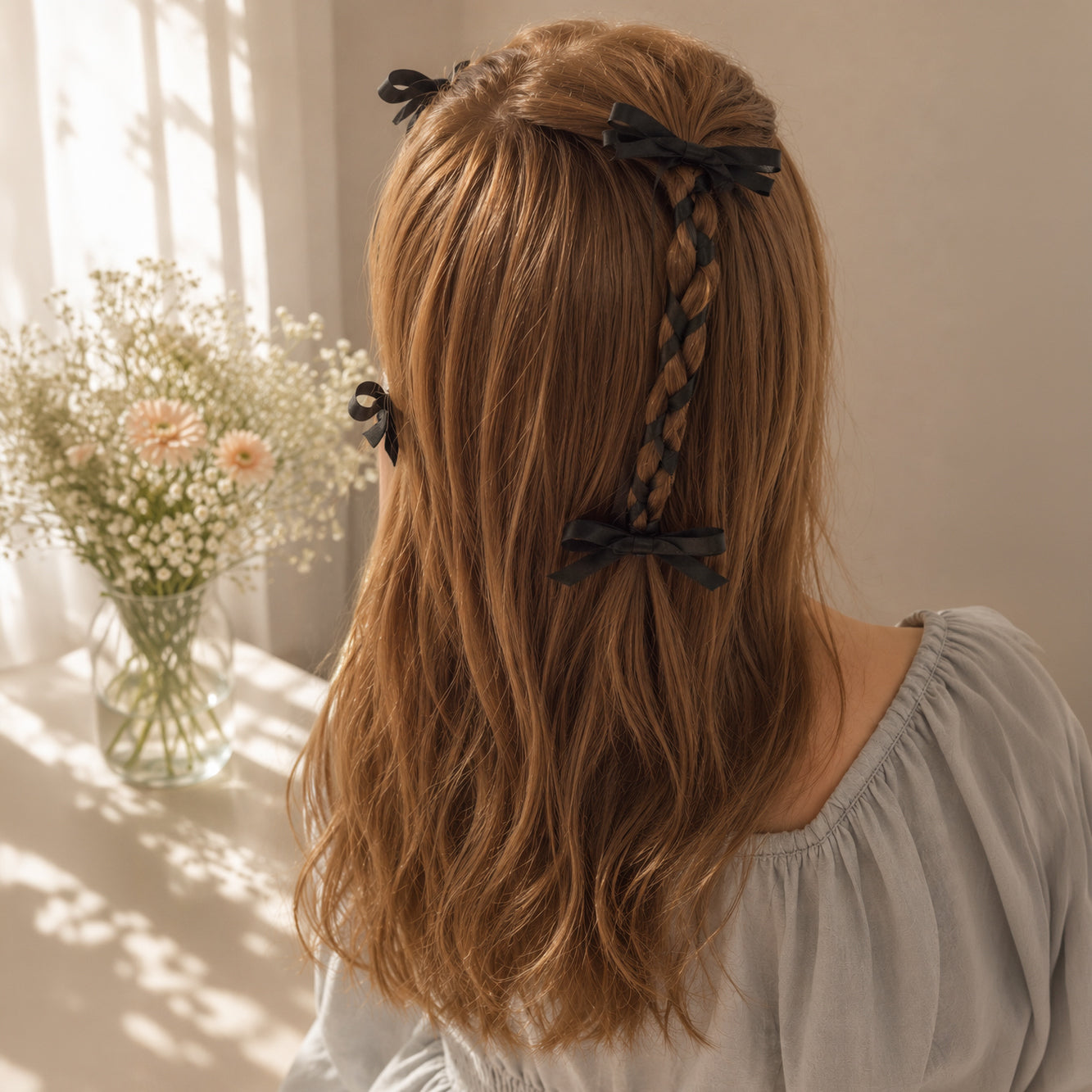 Black ribbon bow clip set styled in long brown hair: two clips on a braid, two near the crown, worn with a blue top, back view.