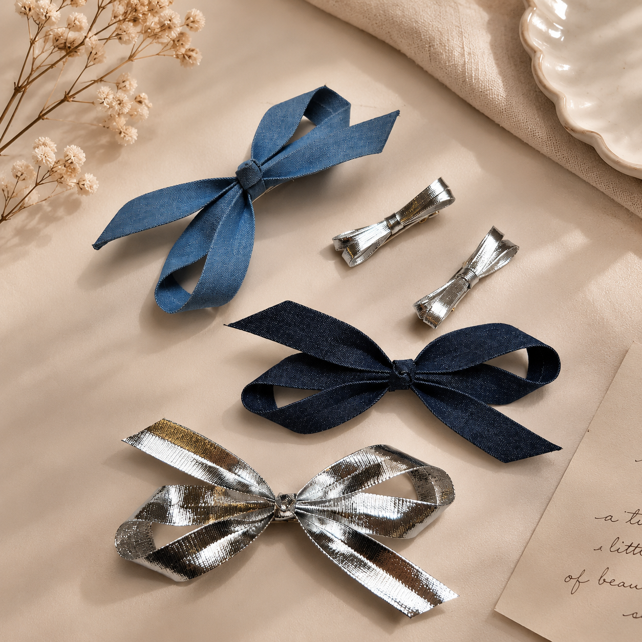 Light denim and silver three-piece bow clip set, displayed with a dark denim bow and shimmering silver clips on a beige surface with dried flowers.