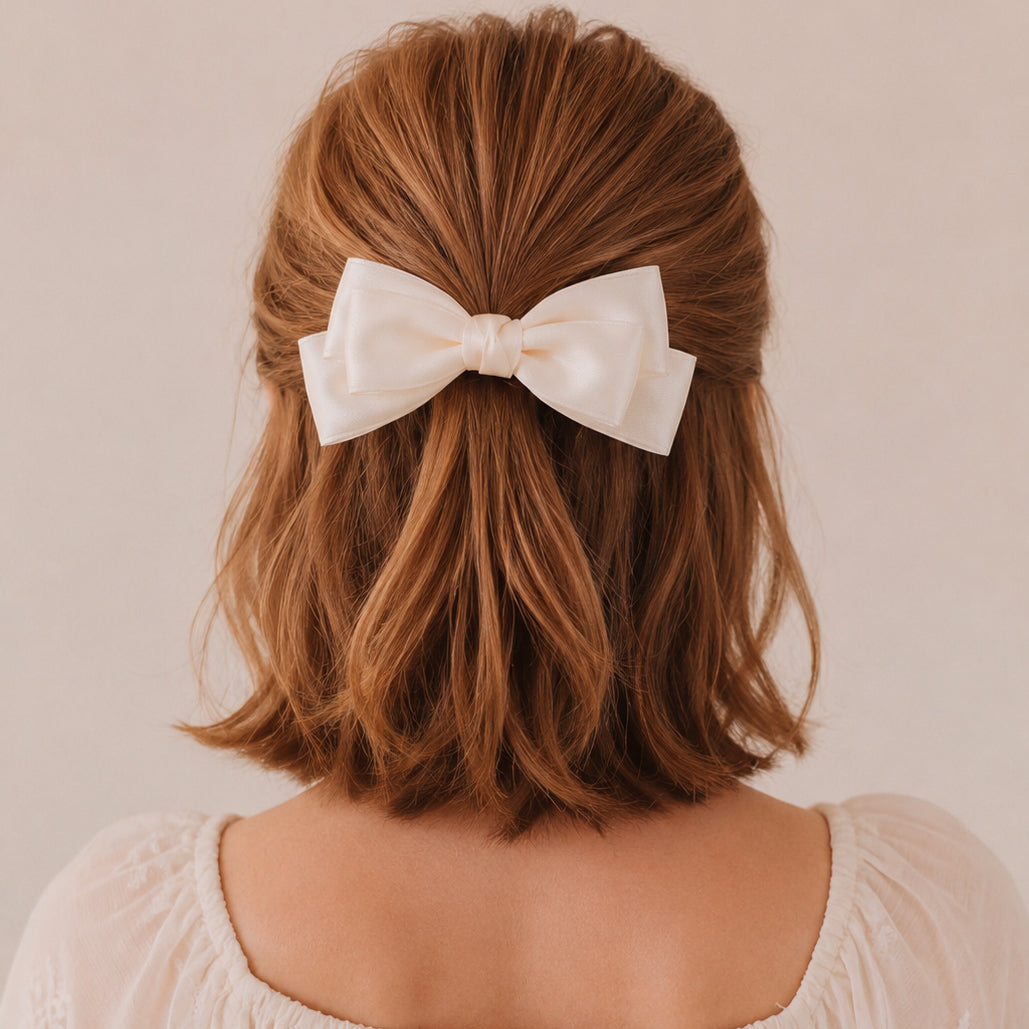 Ivory large satin double bow clip in wavy reddish-brown hair above a light blouse, seen from the back.
