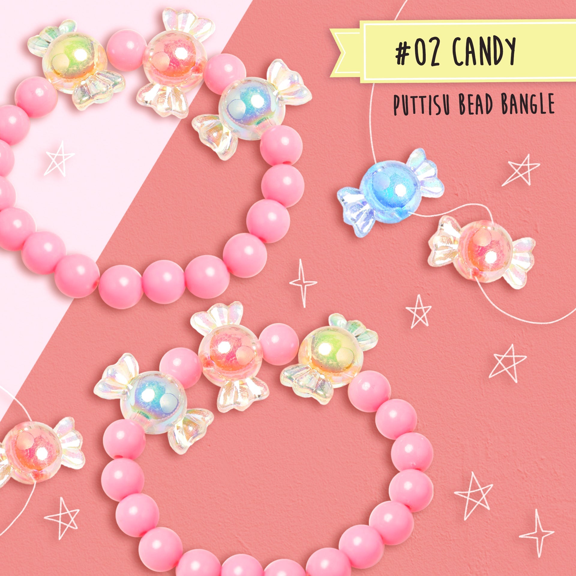 Product image showing pink beaded bracelets adorned with iridescent candy-shaped beads, displayed on a divided pink and peach background with handwritten-style text and star illustrations.