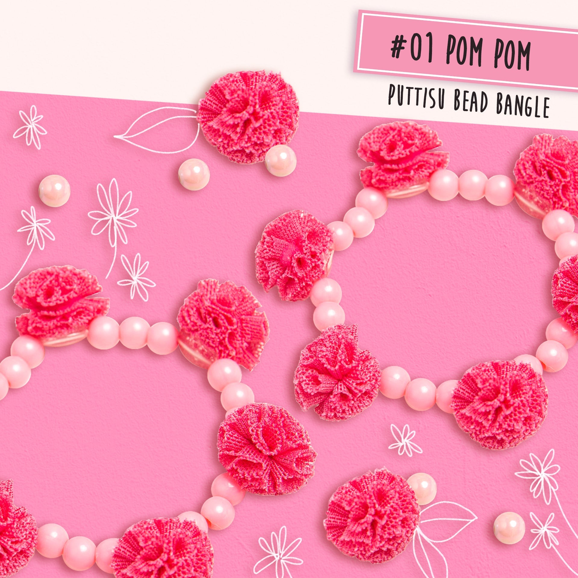 Pink pom-pom bead bangles on pink background, with pink beads and flower doodles.
