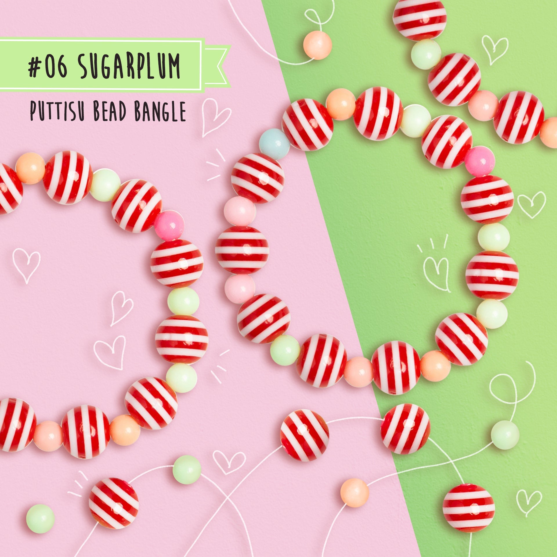 Close-up of two bead bracelets with red striped beads and pastel colored beads, against a pink and green background with decorative hearts and swirls.