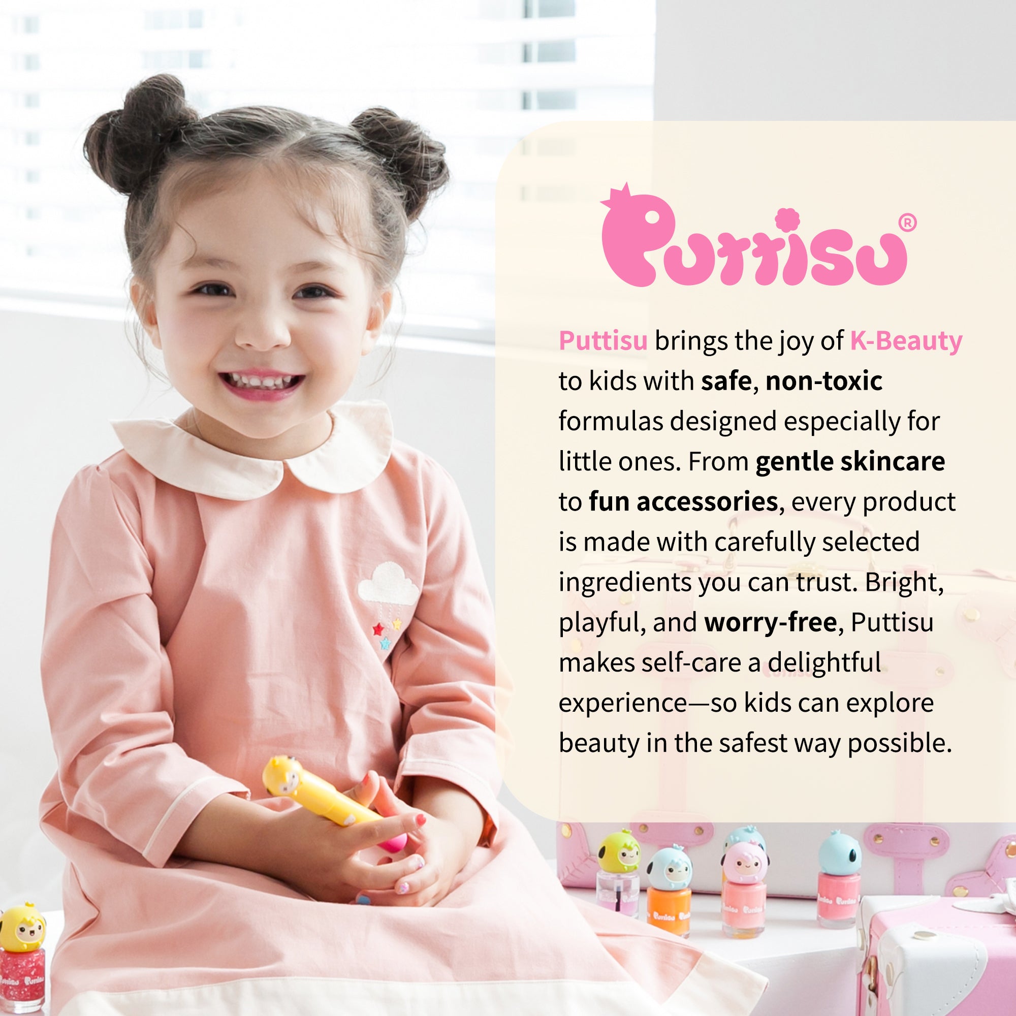 Child holding Puttisu products with promotional text about the brand's mission.