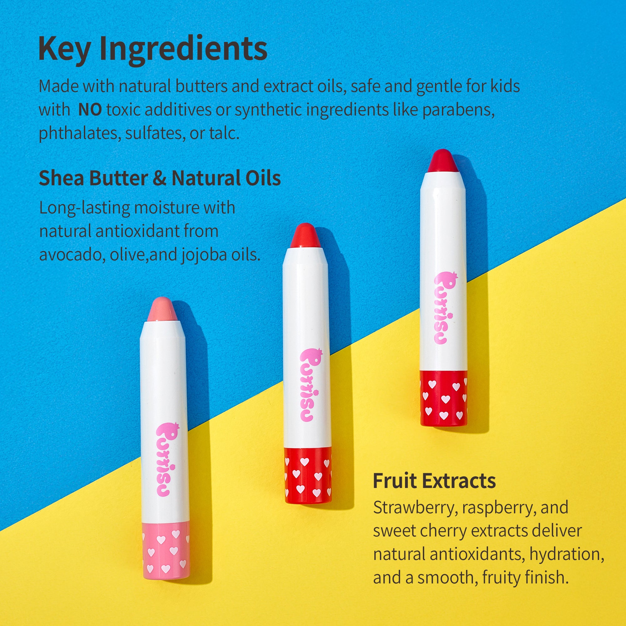 Three lip crayons with heart decorations, showcasing natural ingredients like shea butter and fruit extracts, against a colorful background.