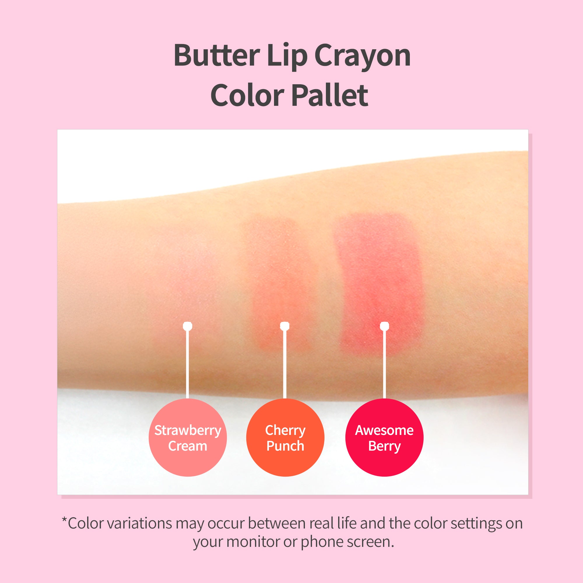 A "Butter Lip Crayon" color palette with three lip crayon colors swatched on an arm.