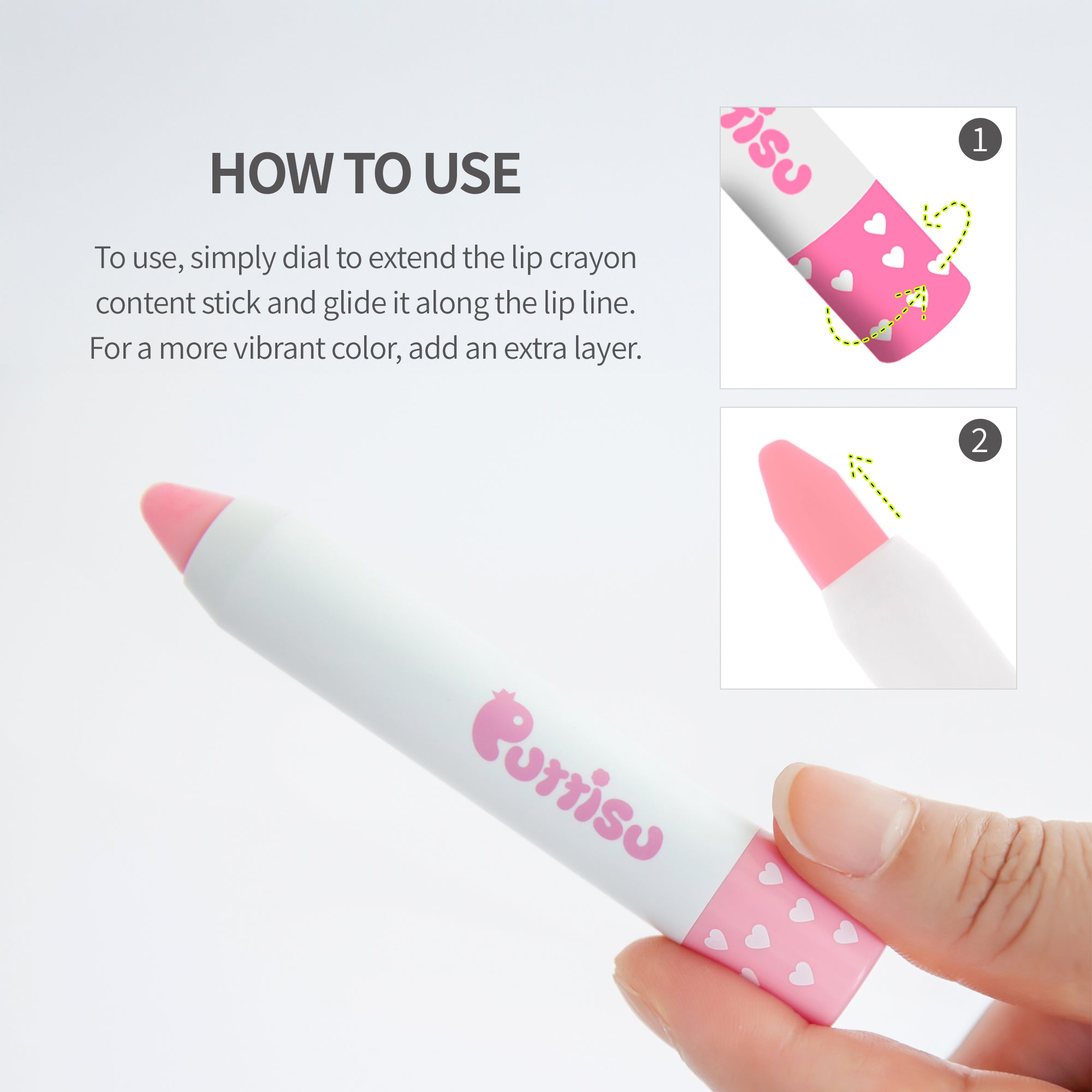 A pink and white lip crayon with usage instructions.