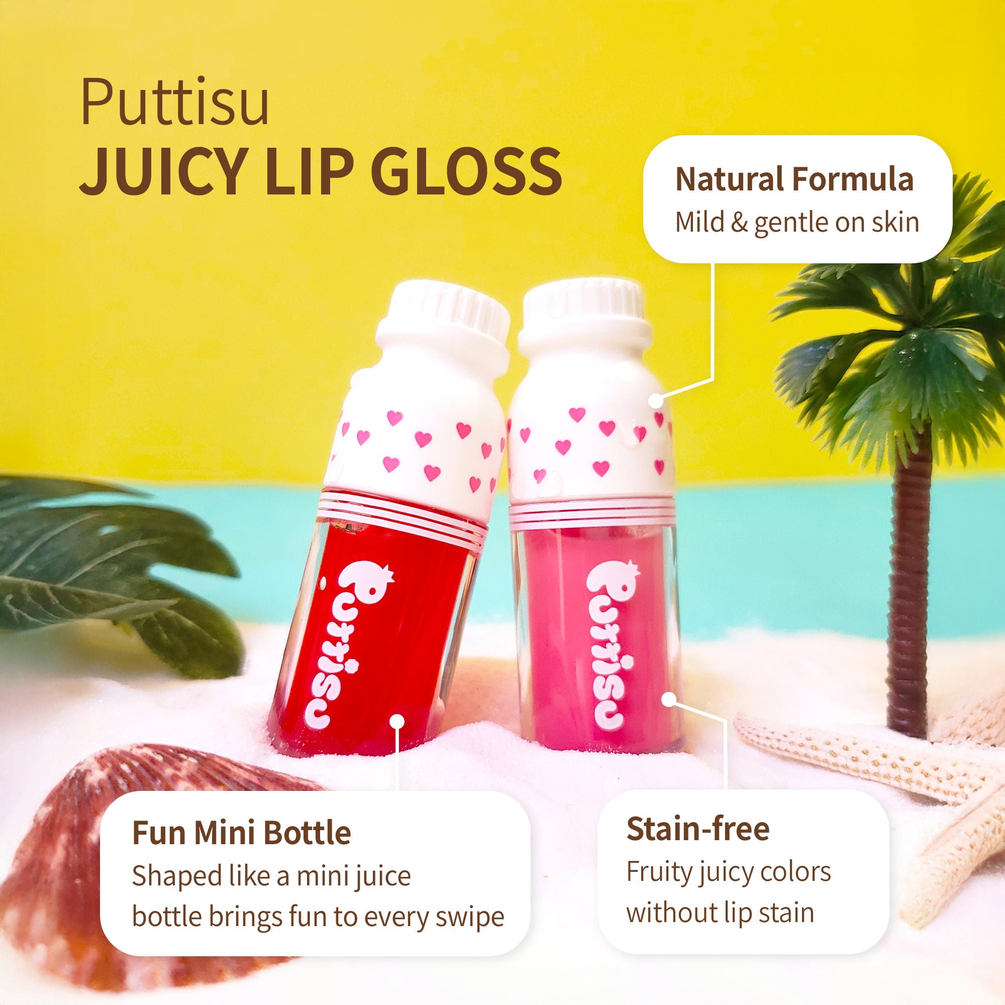 Two heart-patterned bottles of Puttisu juicy lip gloss on a faux beach scene.