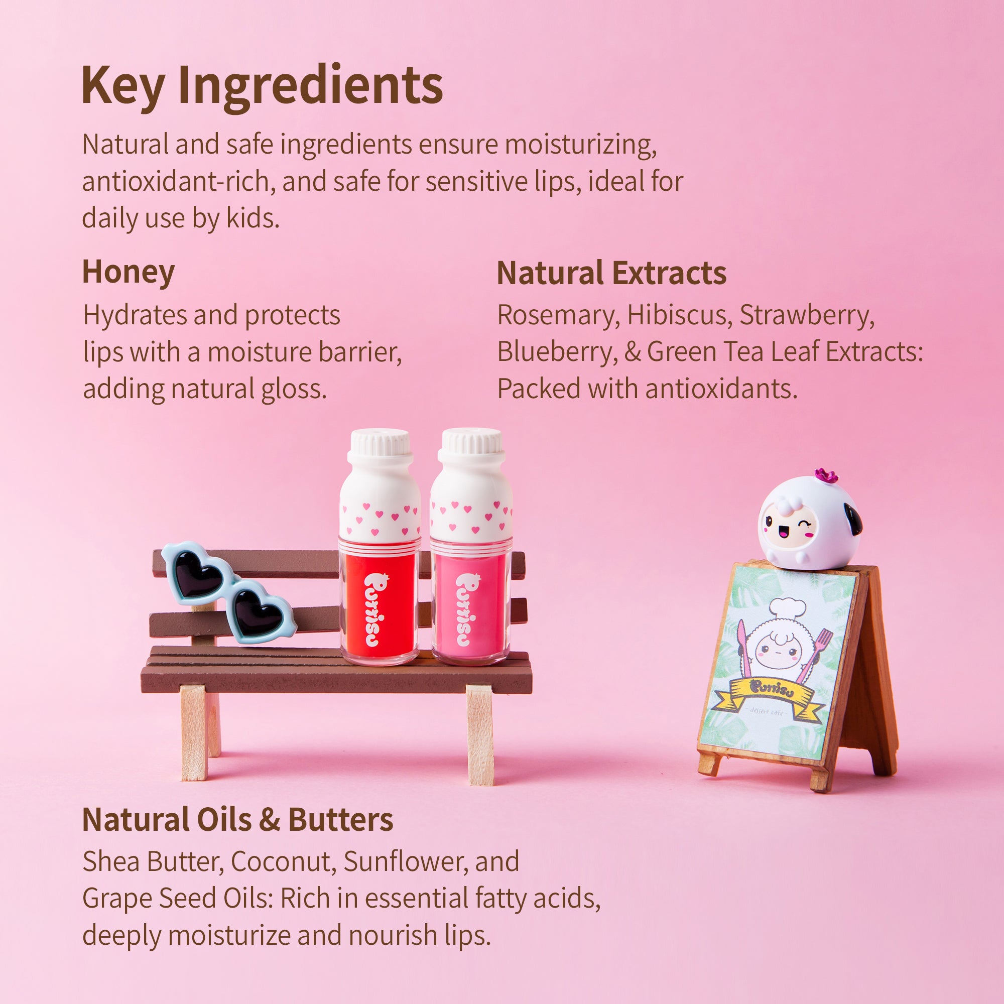 Promotional image for "Purriso" lip care products, highlighting key ingredients. Two lip gloss bottles, heart-shaped sunglasses on a miniature bench, and a lamb mascot stand near a cafe menu.
