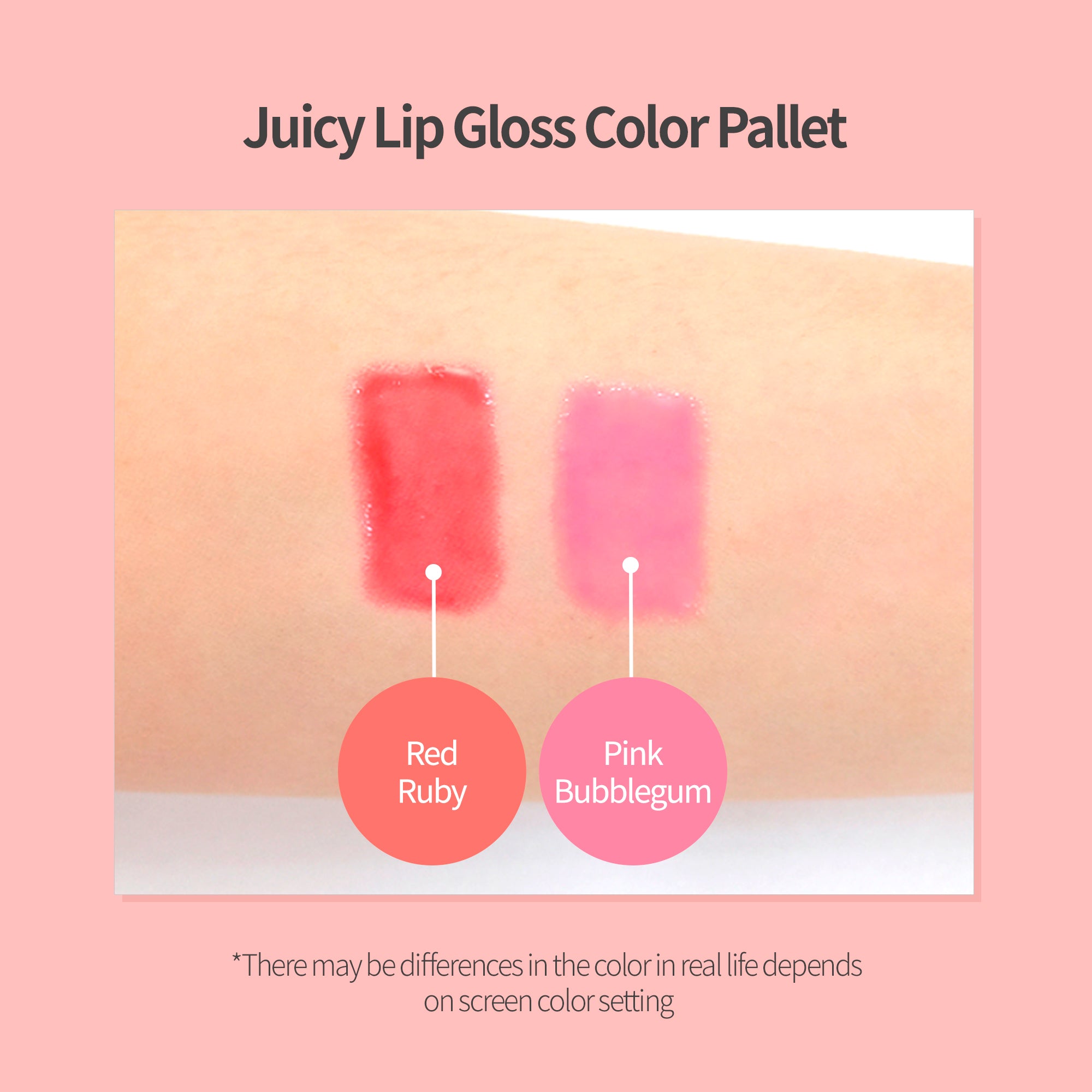 Two lip gloss colors, red ruby and pink bubblegum, are swatched on fair skin.