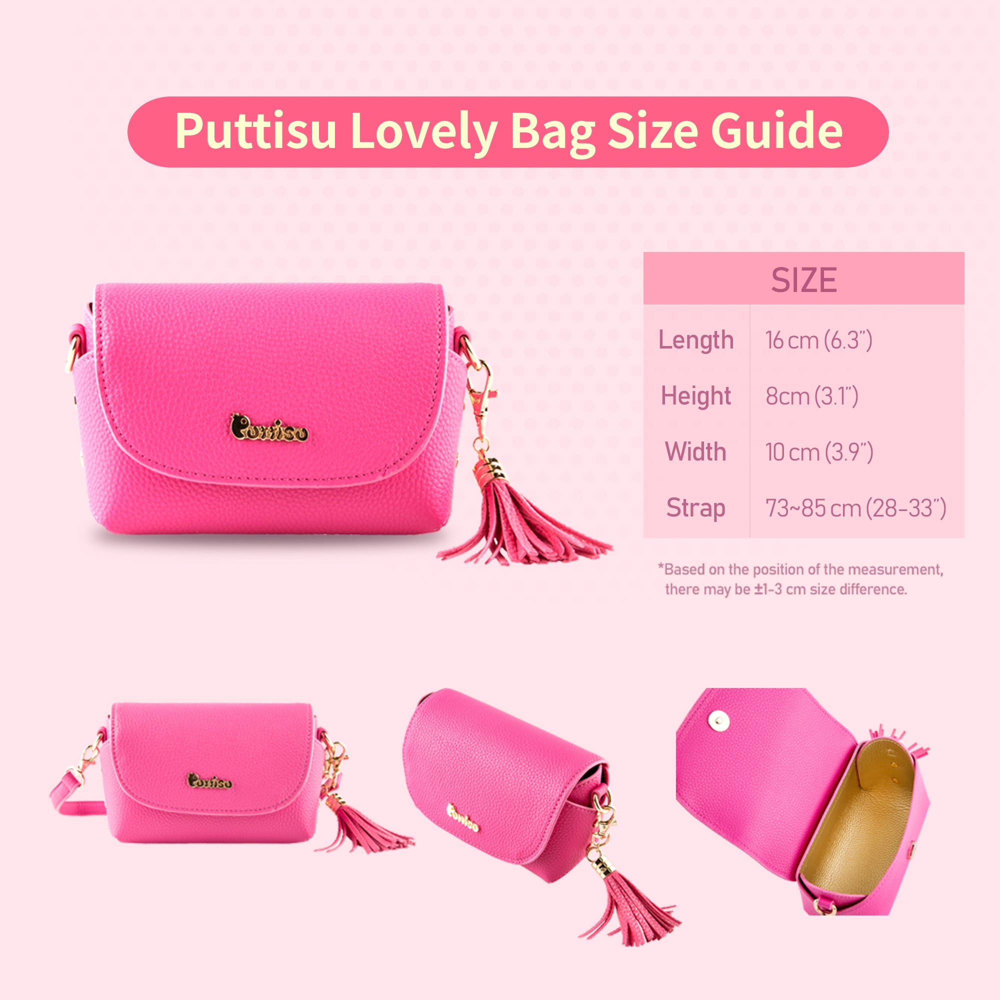 Pink purse with size guide.