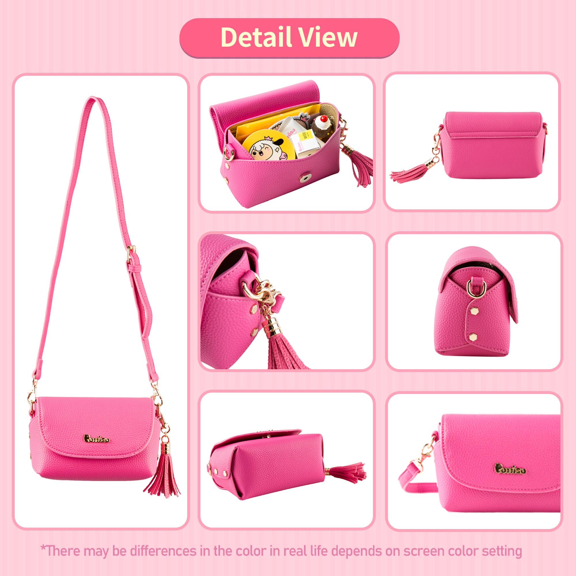 Close-up of a hot pink purse with adjustable strap, gold hardware, tassel detail, and the brand name "Poriso" embossed. Several detail views are displayed.