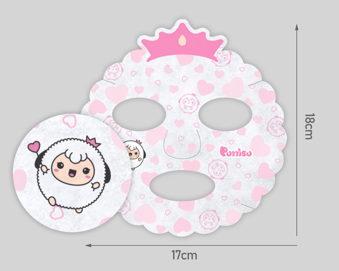 Close up of Puttisu cotton sheet mask with size detail and illustration of the sheep character.