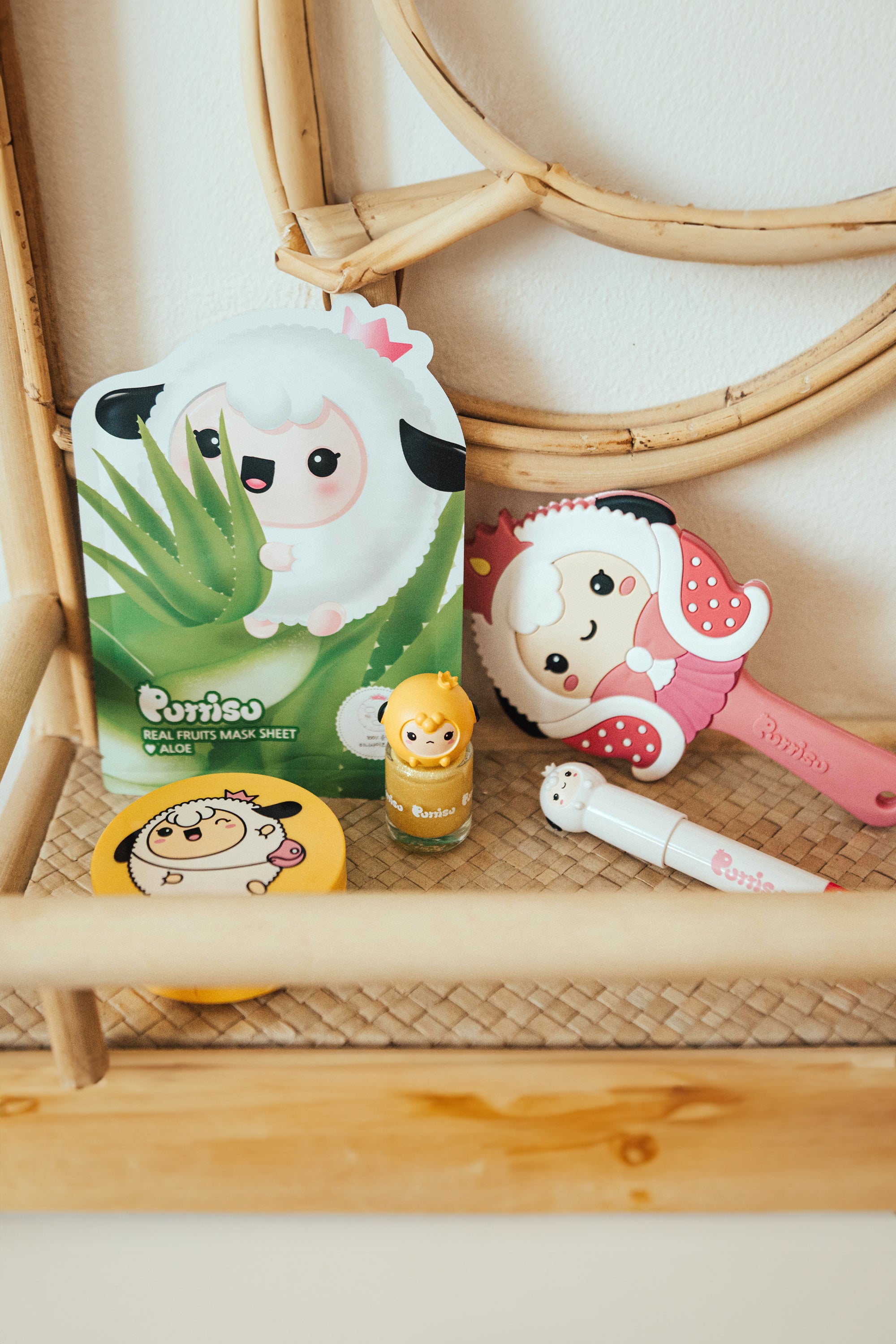 Assorted Porriso beauty products on woven shelf.