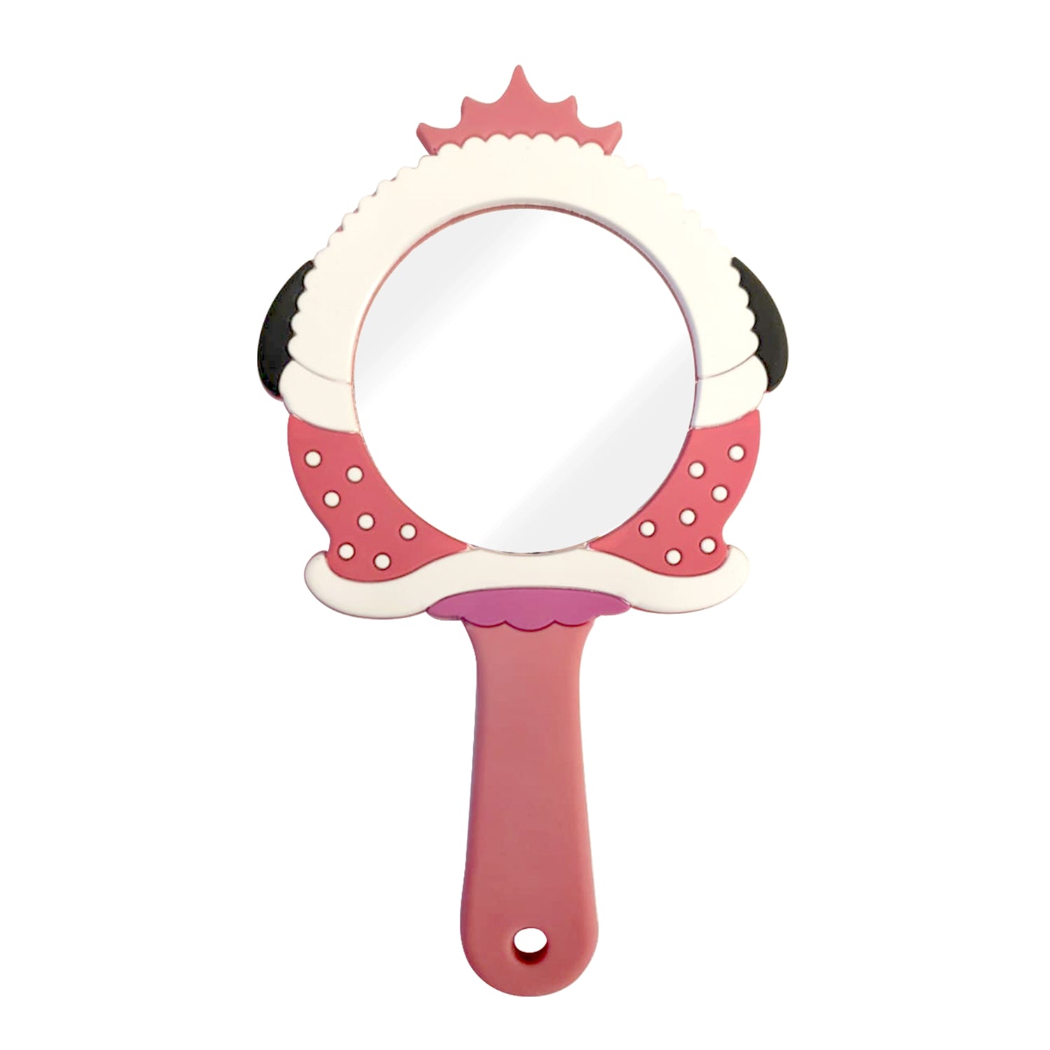 Pink and white polka-dotted handheld mirror.