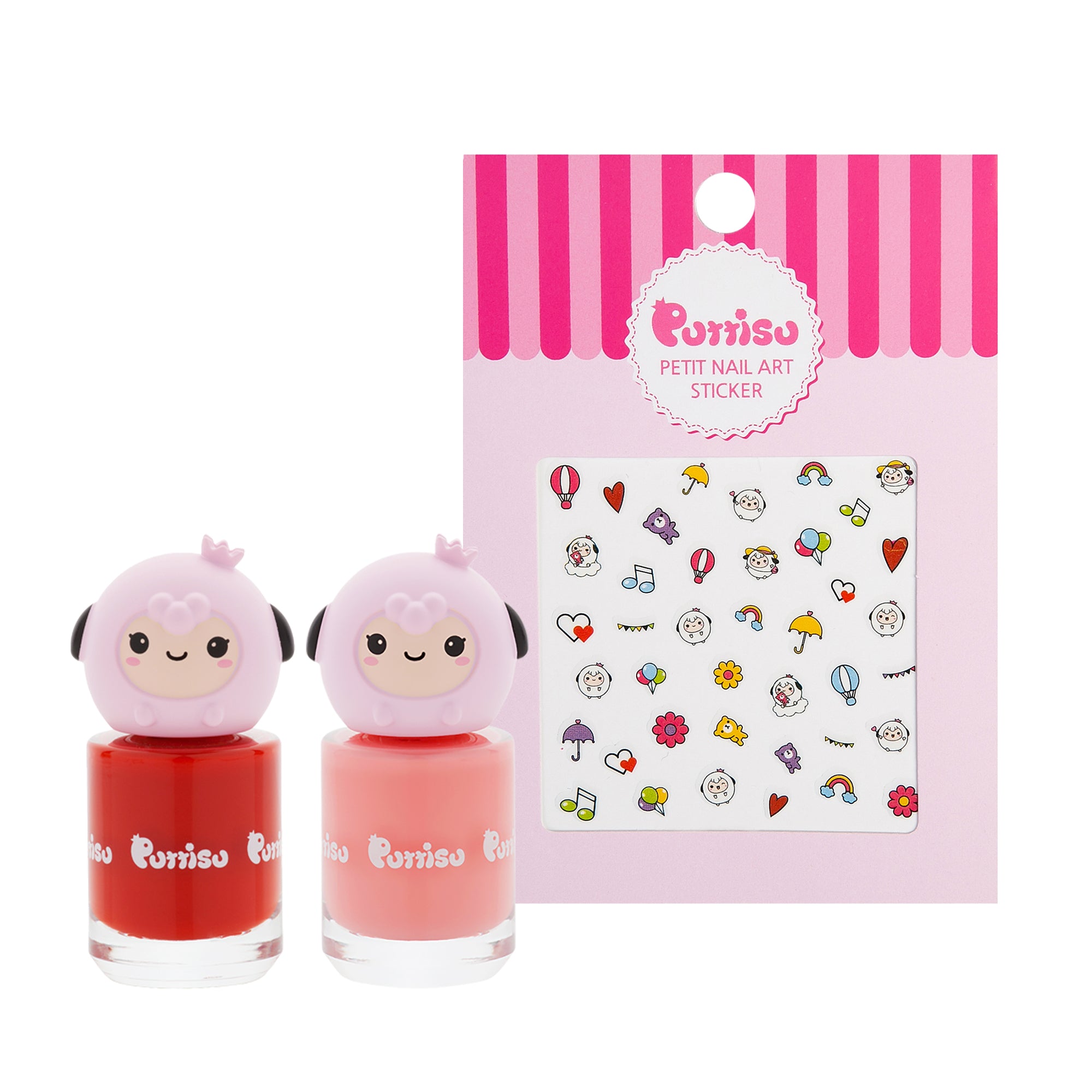 Two small bottles of nail polish with a Puniso character design and a sheet of nail art stickers on a white background.