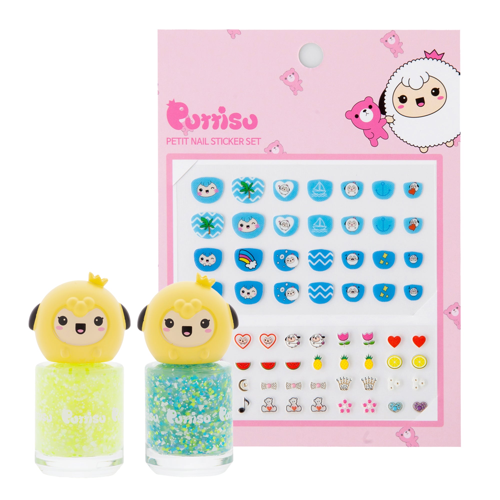 Two small bottles of nail polish with cartoon characters and a sheet of nail stickers on a pink background.