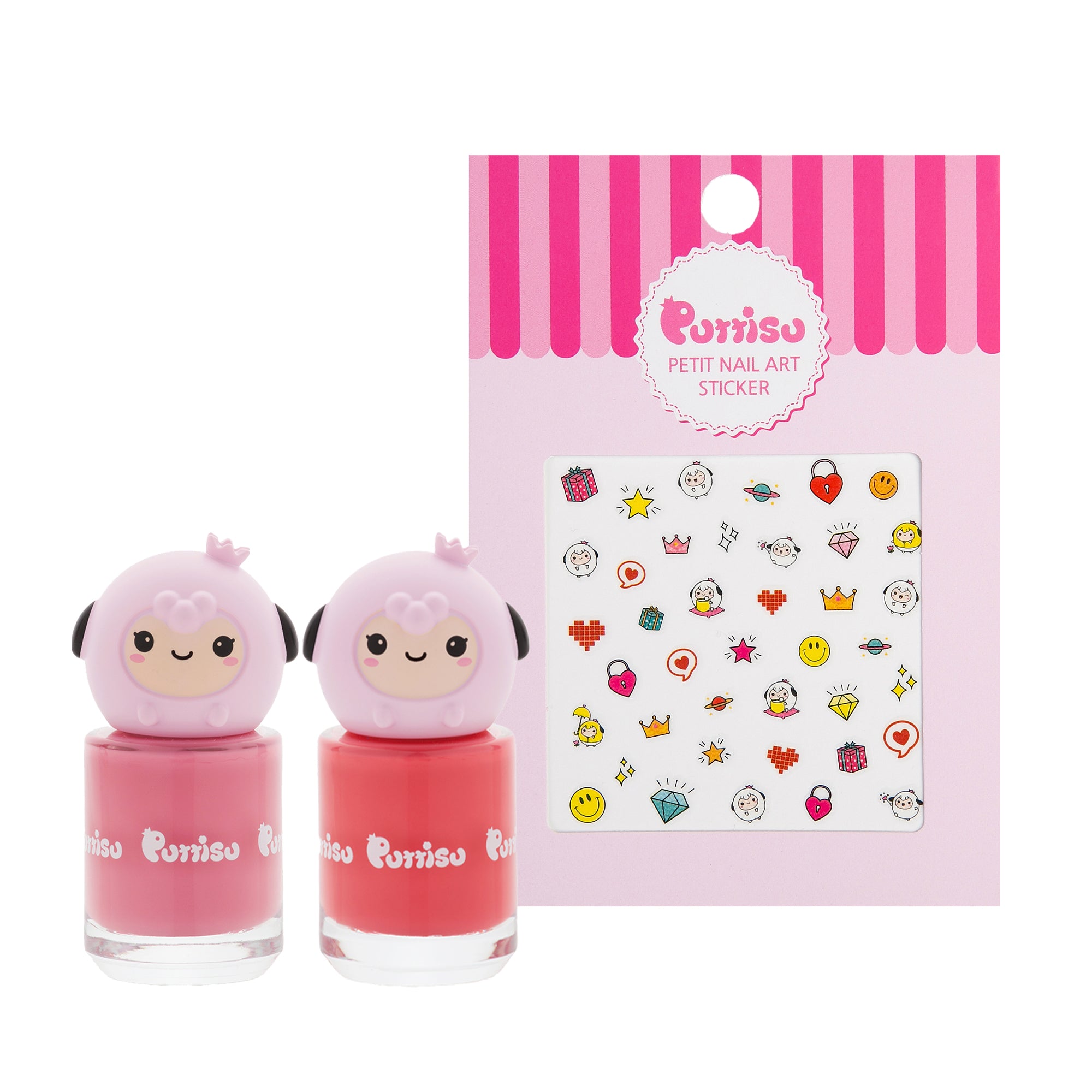 Two pink nail polishes with a cartoon character design and a set of nail art stickers on a white background.