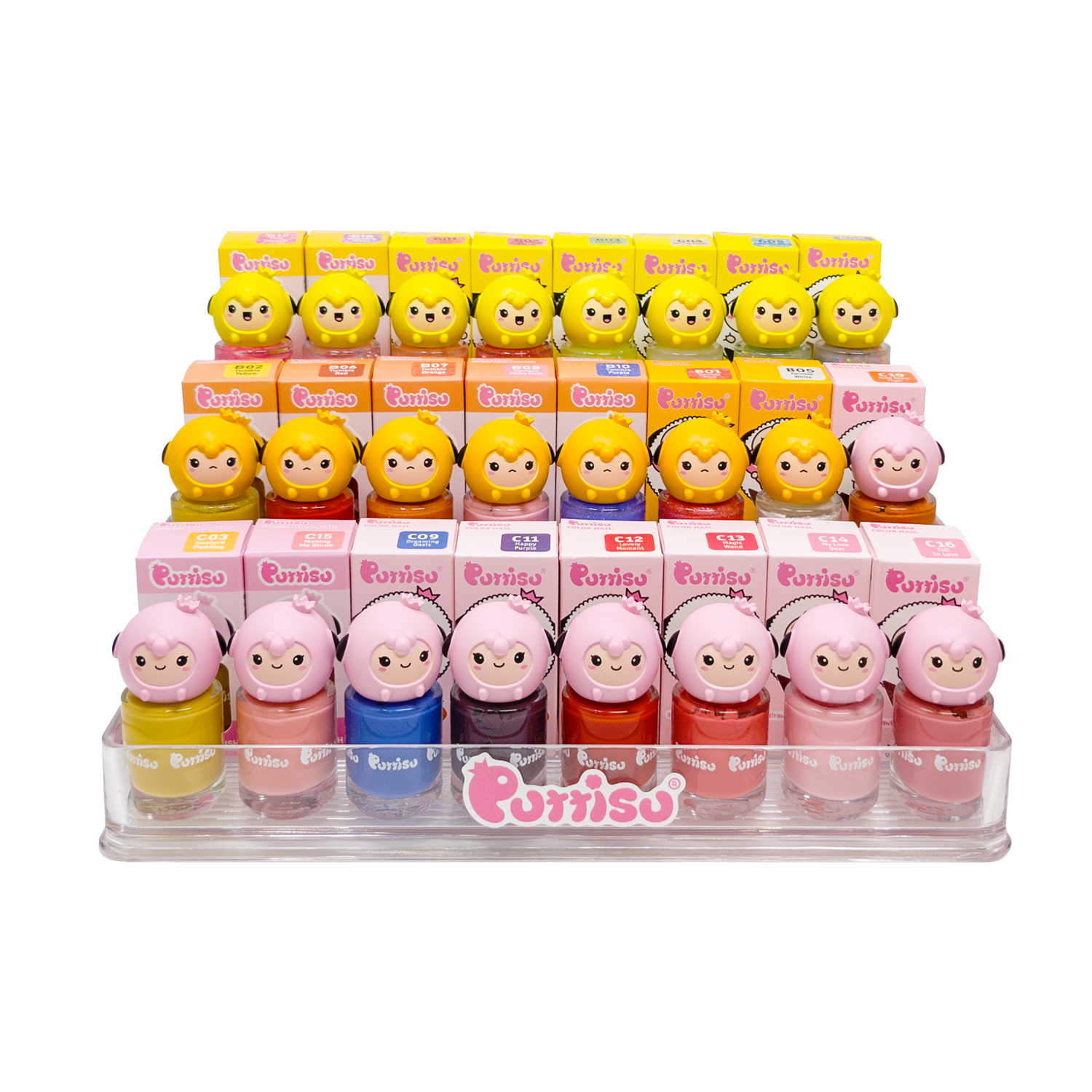 Array of colorful Purriso nail polish bottles in a clear display case.