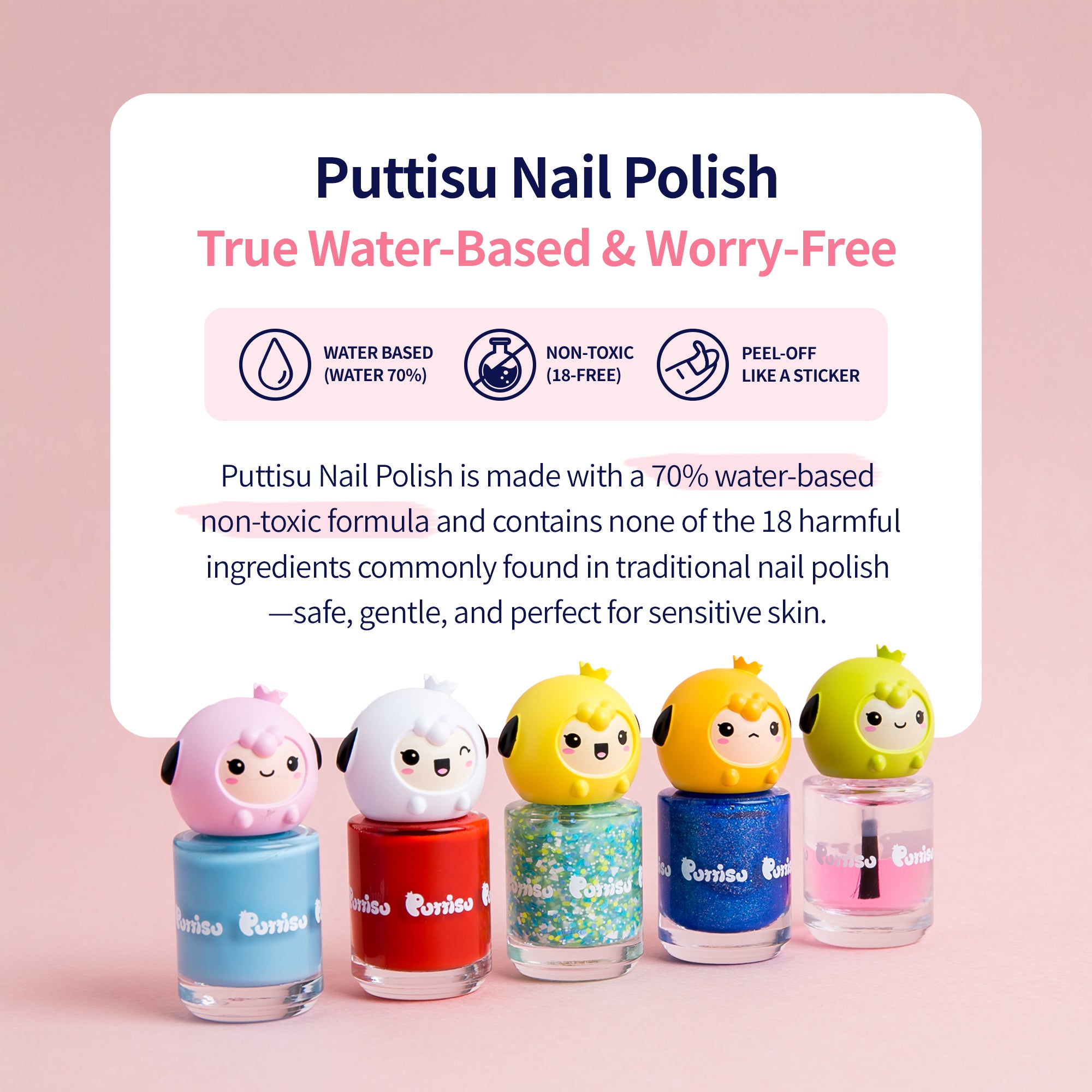 Five bottles of colorful Puttisu nail polish topped with cartoon sheep.