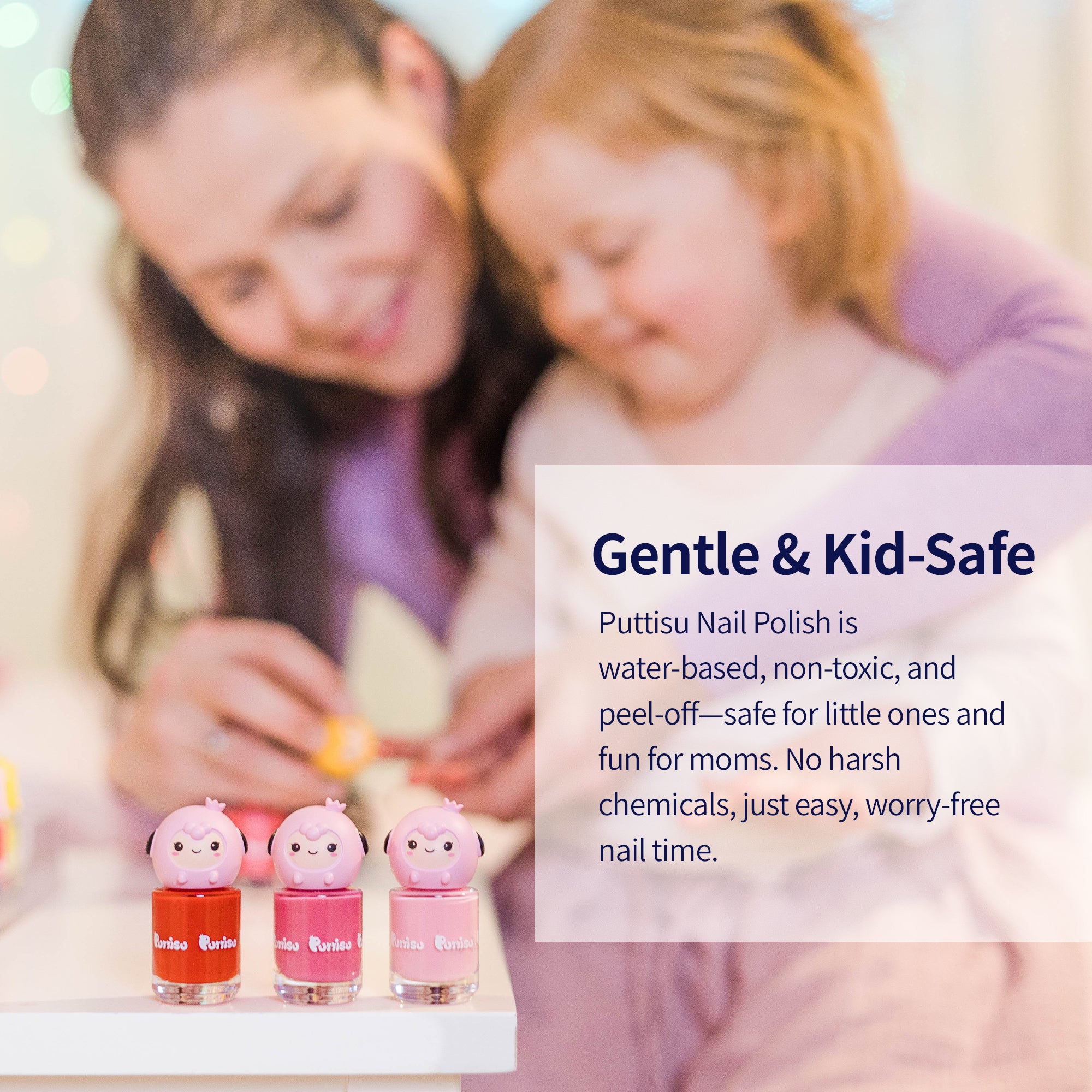 A woman and a young girl smile behind three bottles of Puttisu Nail Polish with cute animal toppers, accompanied by product description text.