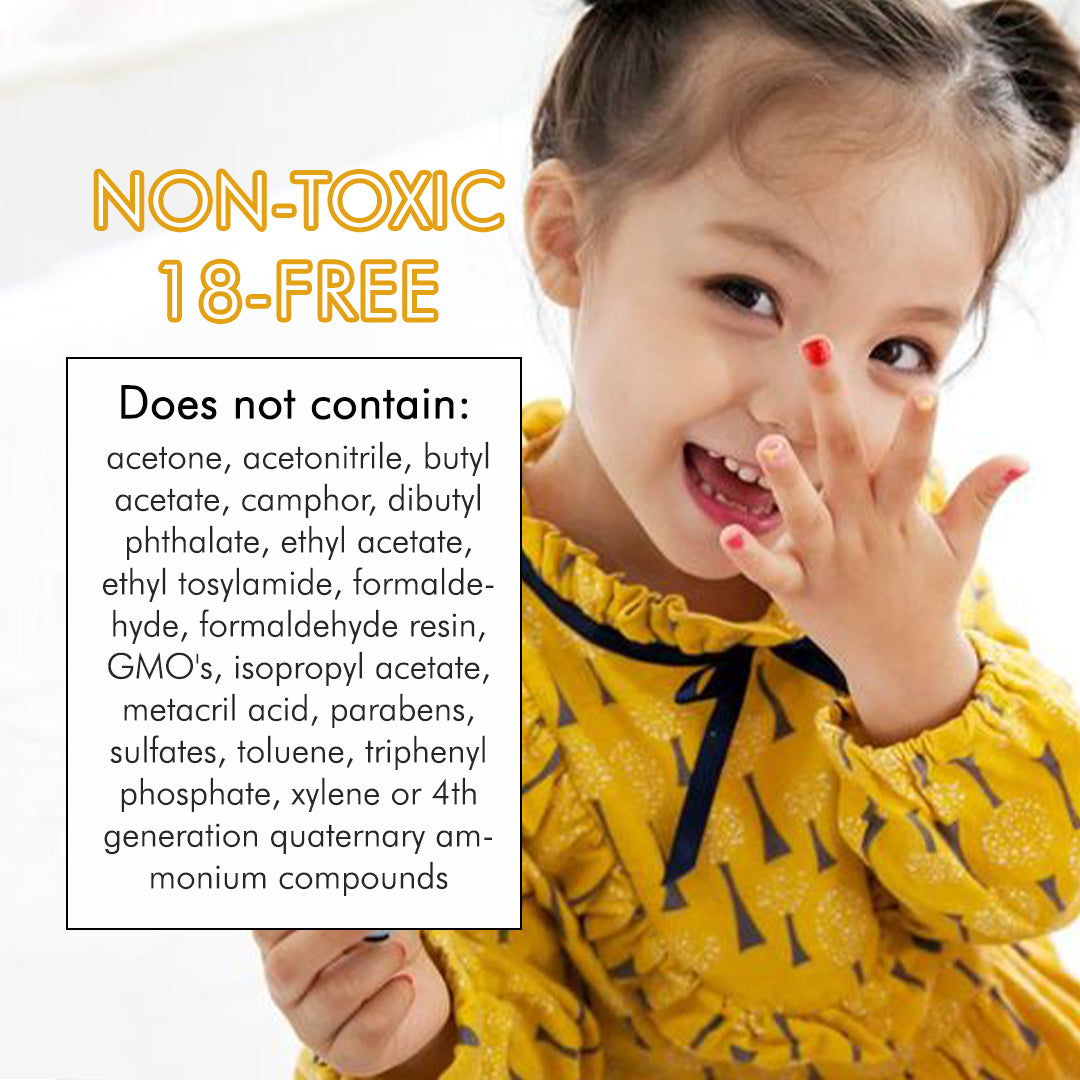 A smiling girl with painted fingernails wearing a yellow patterned dress.