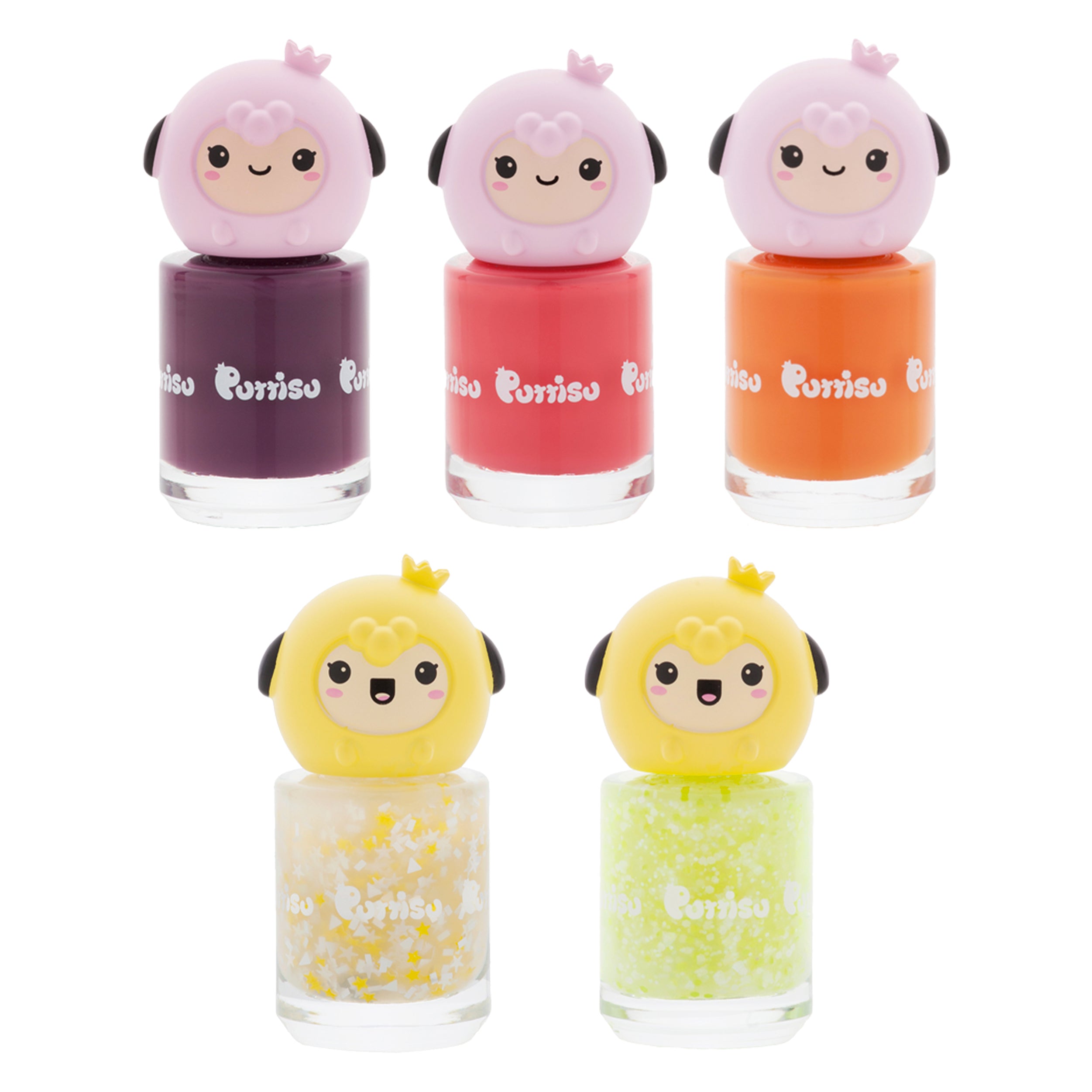 Five nail polish bottles with round character-shaped tops.